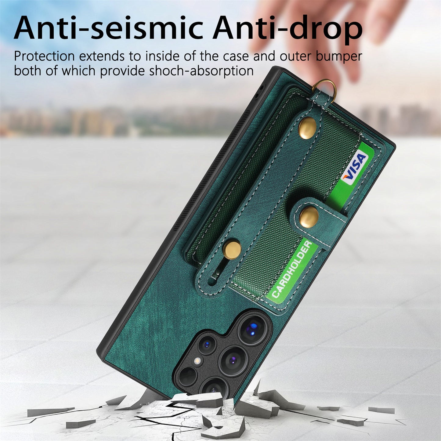 For Samsung Galaxy S24 Ultra Back Case Wristband Kickstand Leather Cover with Card Slot - Green