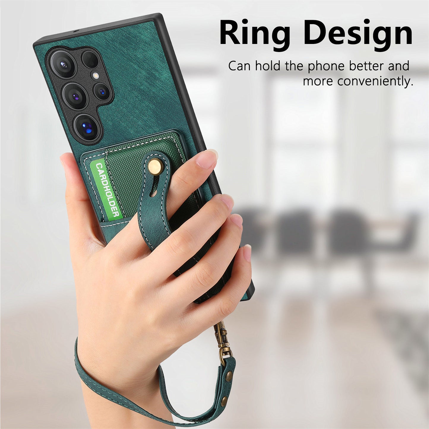 For Samsung Galaxy S24 Ultra Back Case Wristband Kickstand Leather Cover with Card Slot - Green