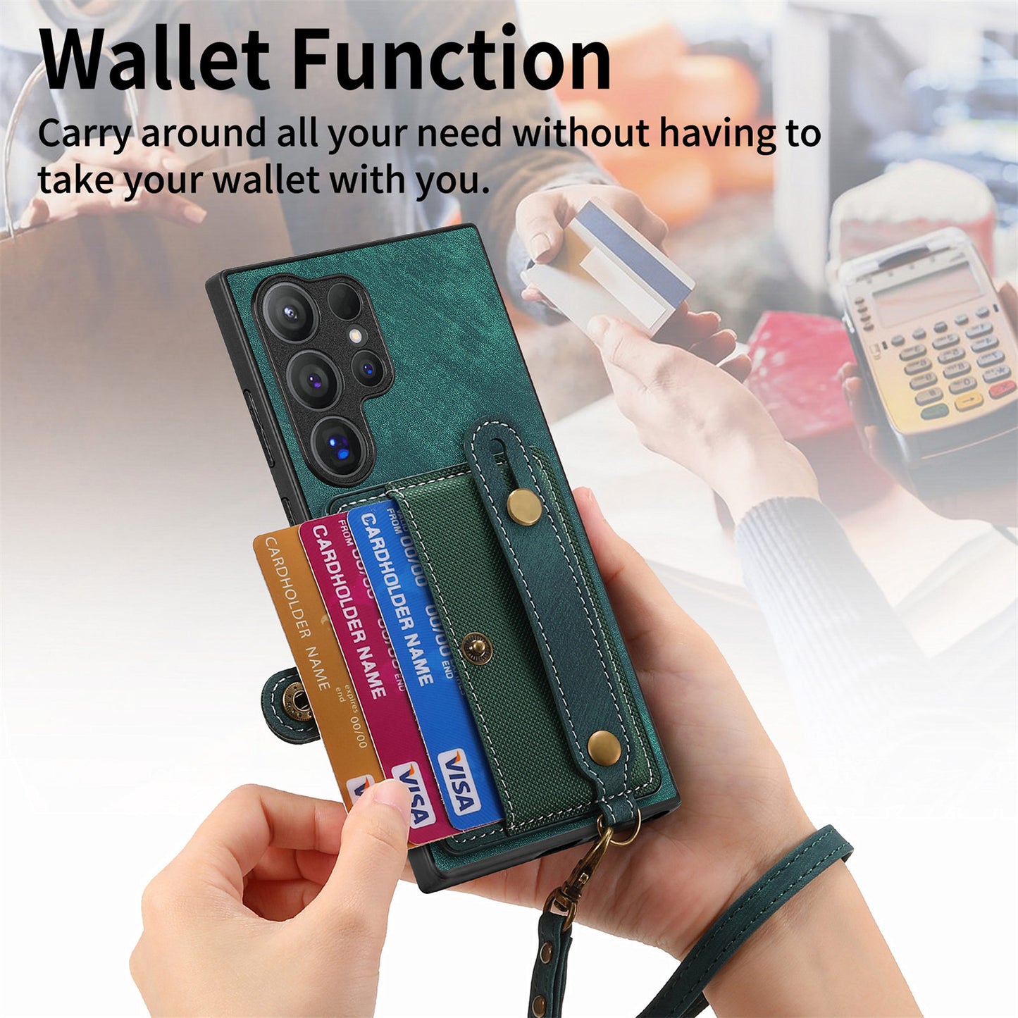 For Samsung Galaxy S24 Ultra Back Case Wristband Kickstand Leather Cover with Card Slot - Green