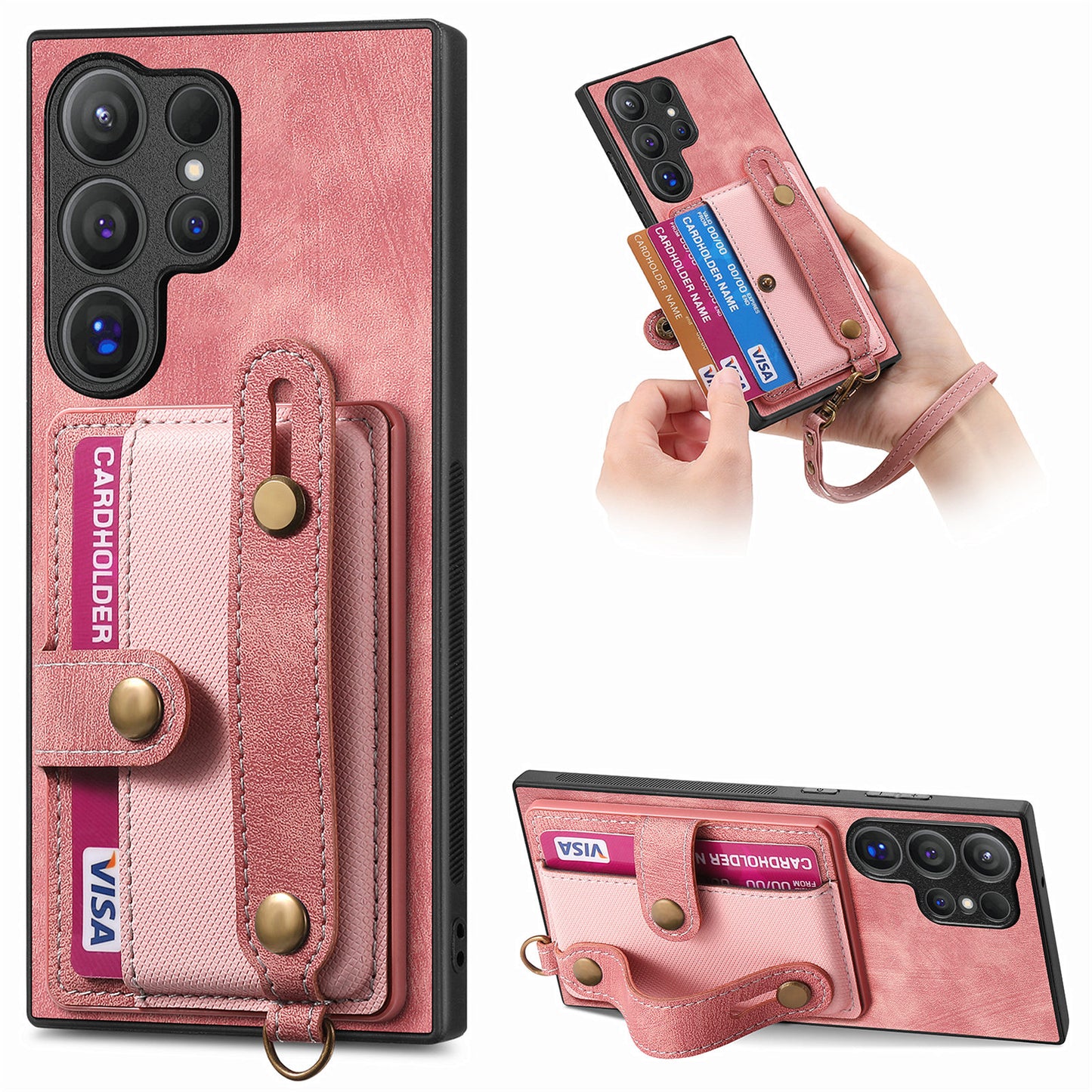 For Samsung Galaxy S24 Ultra Back Case Wristband Kickstand Leather Cover with Card Slot - Rose Pink