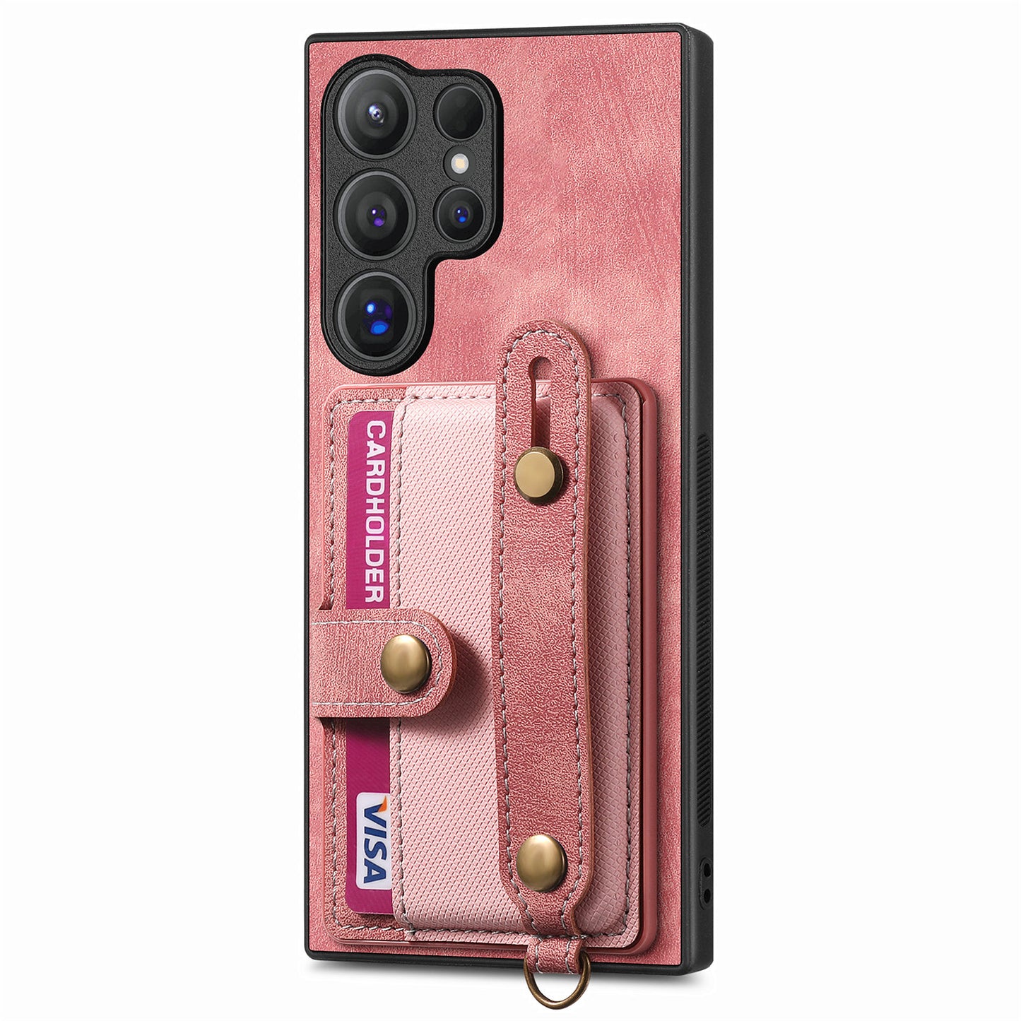 For Samsung Galaxy S24 Ultra Back Case Wristband Kickstand Leather Cover with Card Slot - Rose Pink