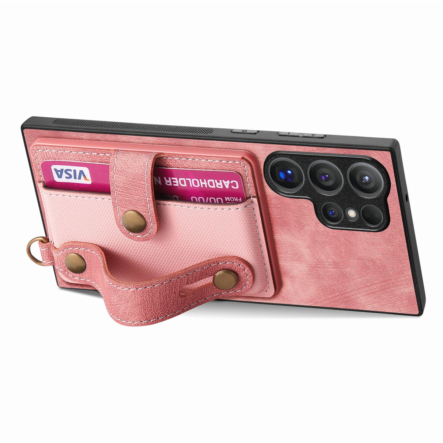 For Samsung Galaxy S24 Ultra Back Case Wristband Kickstand Leather Cover with Card Slot - Rose Pink