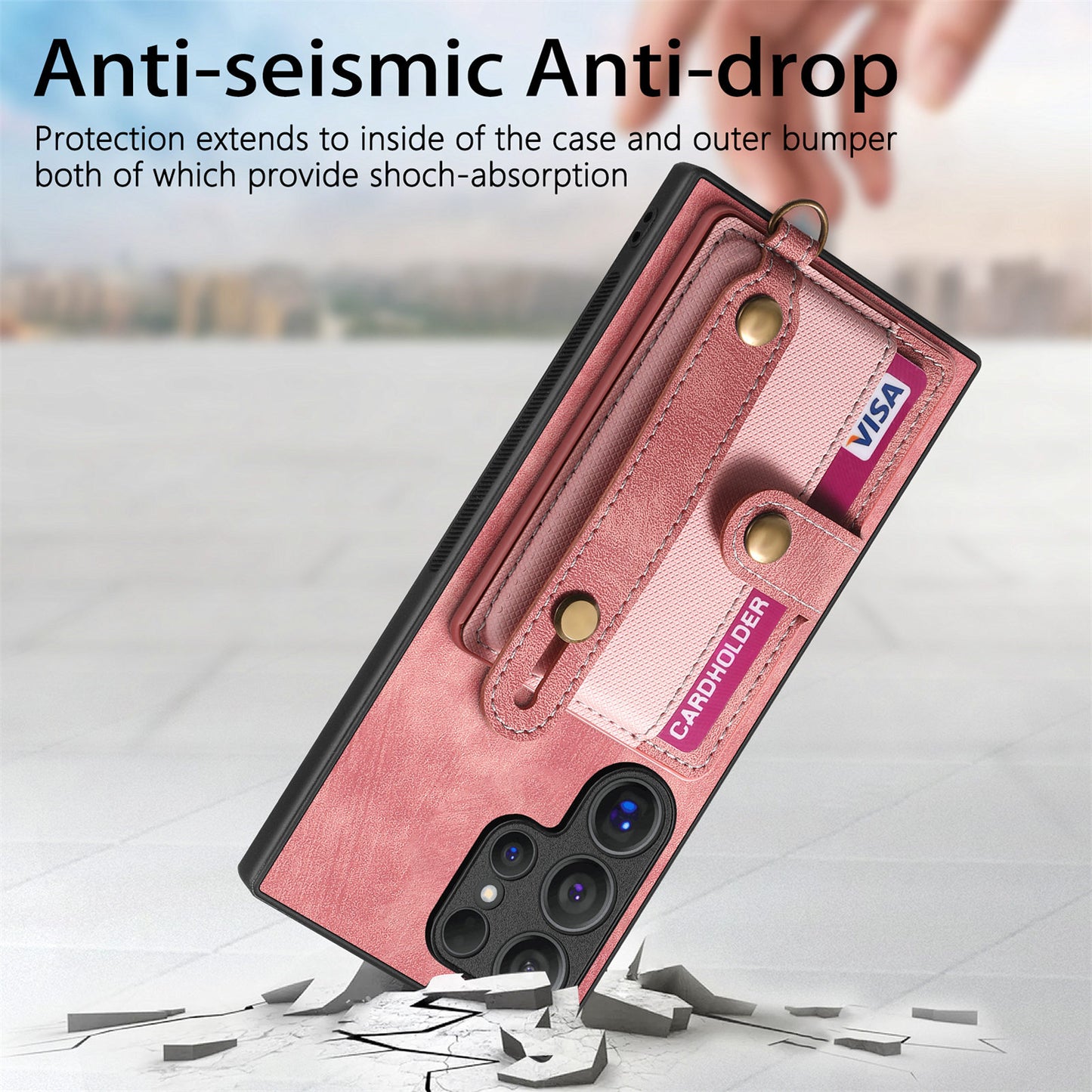 For Samsung Galaxy S24 Ultra Back Case Wristband Kickstand Leather Cover with Card Slot - Rose Pink