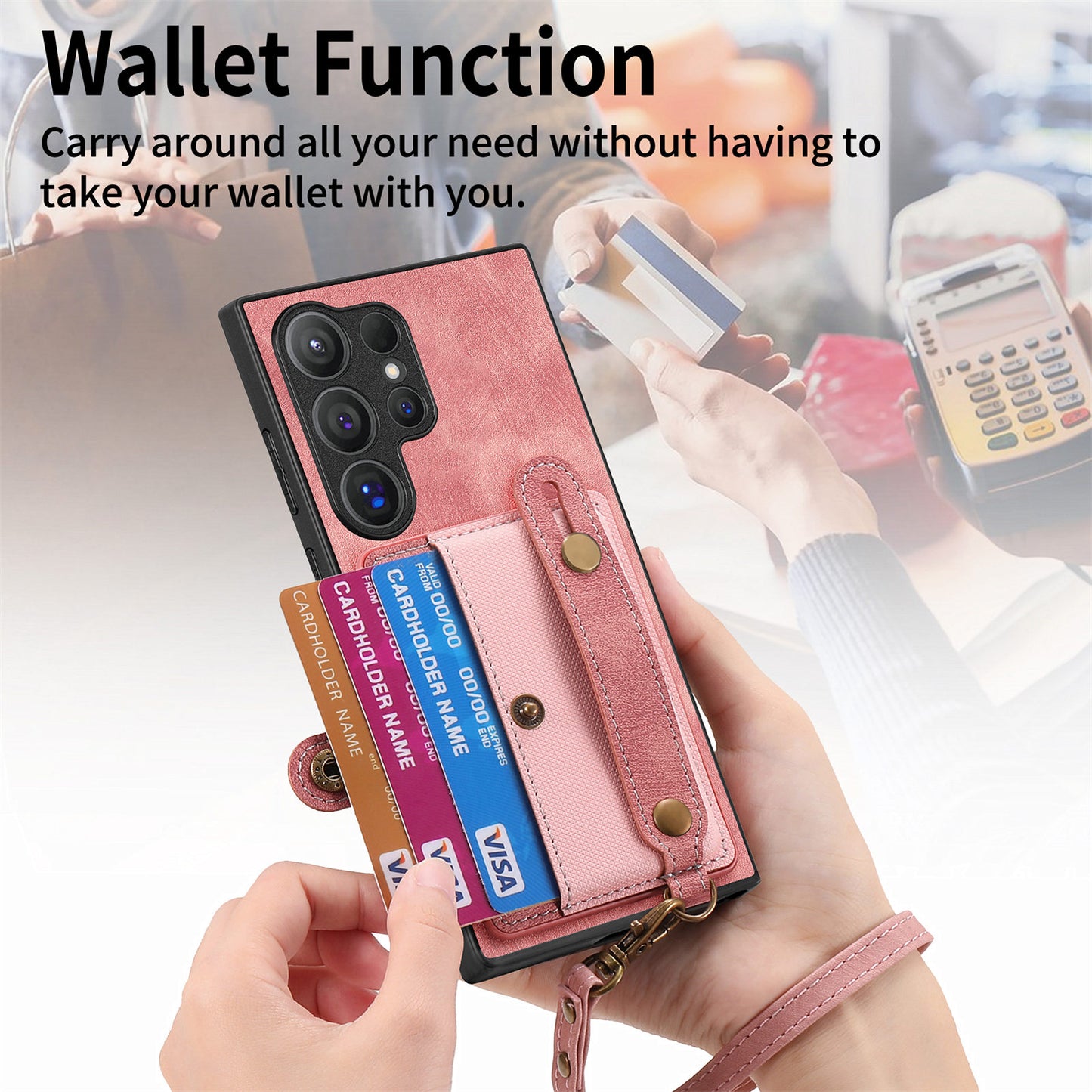 For Samsung Galaxy S24 Ultra Back Case Wristband Kickstand Leather Cover with Card Slot - Rose Pink