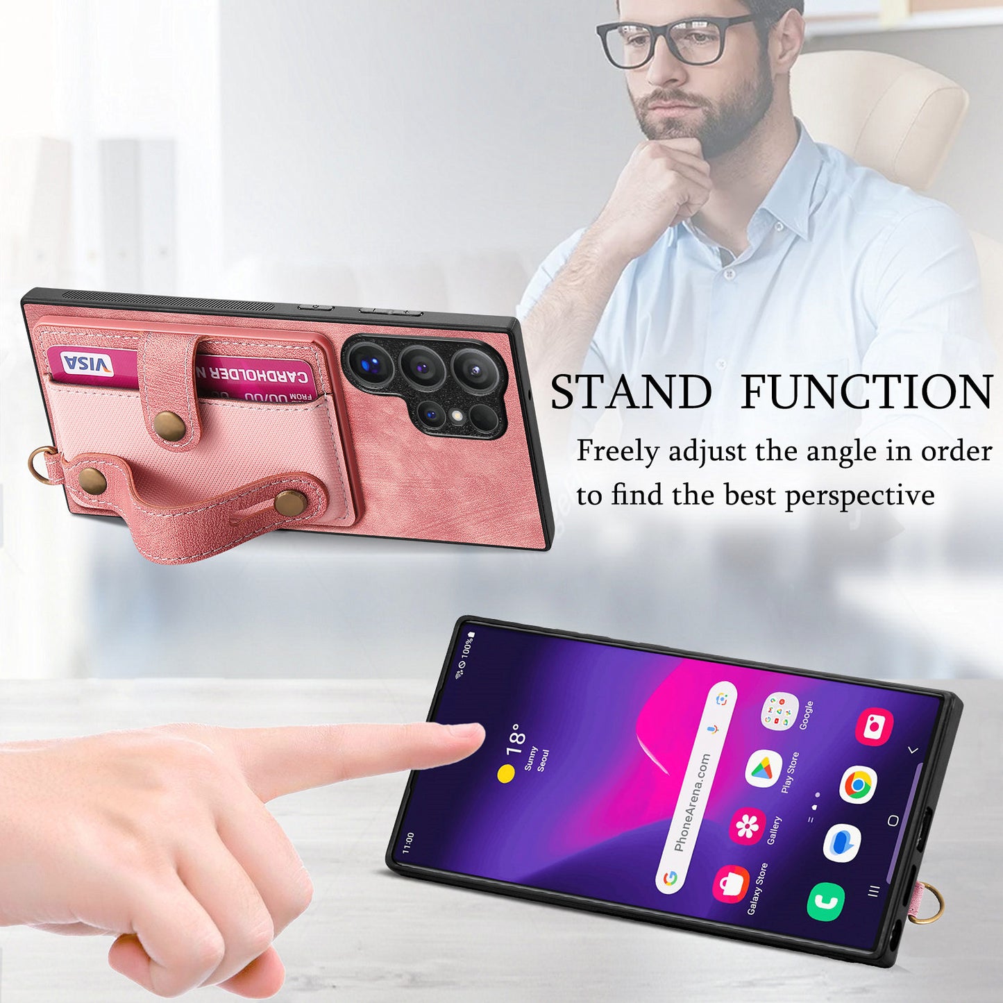 For Samsung Galaxy S24 Ultra Back Case Wristband Kickstand Leather Cover with Card Slot - Rose Pink