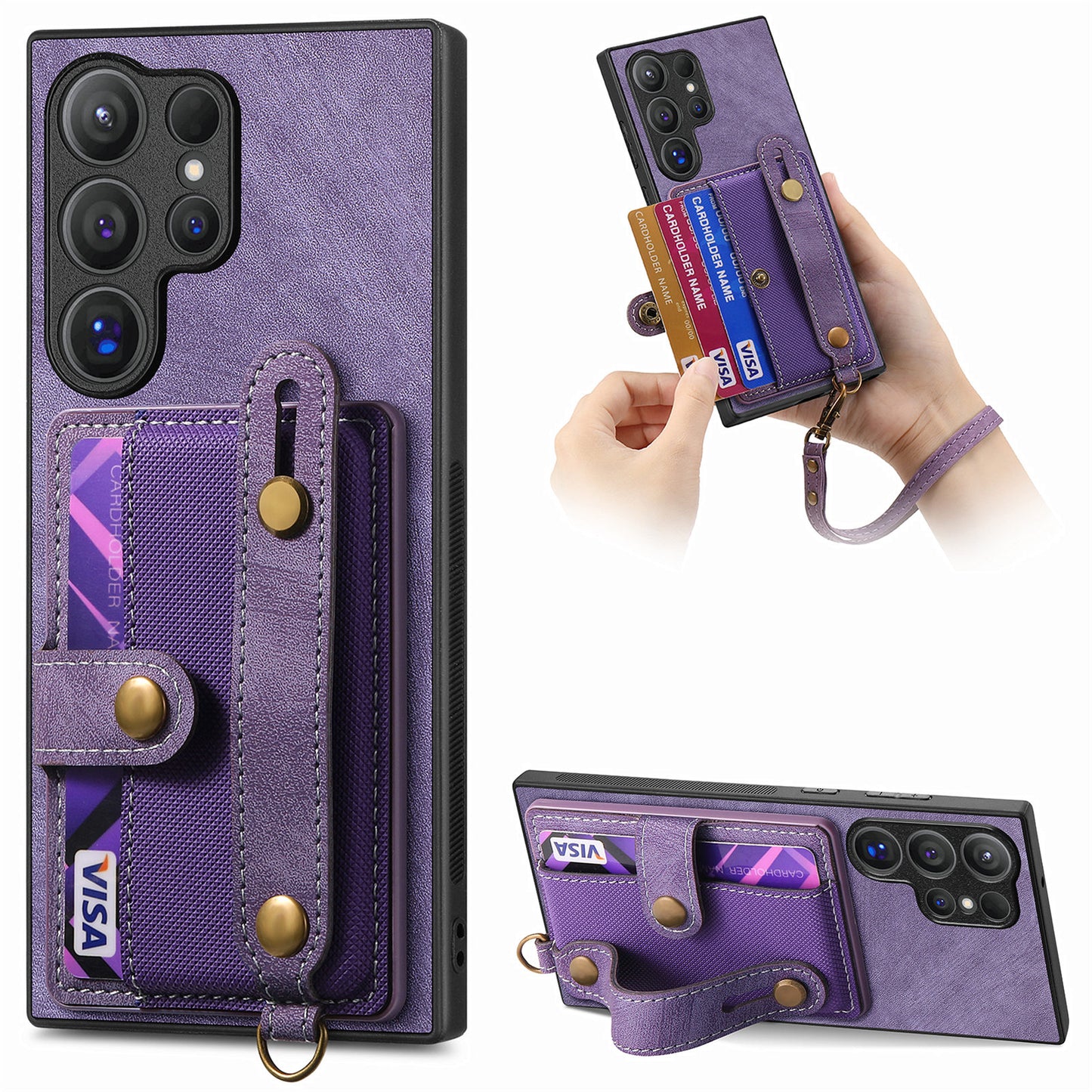 For Samsung Galaxy S24 Ultra Back Case Wristband Kickstand Leather Cover with Card Slot - Purple