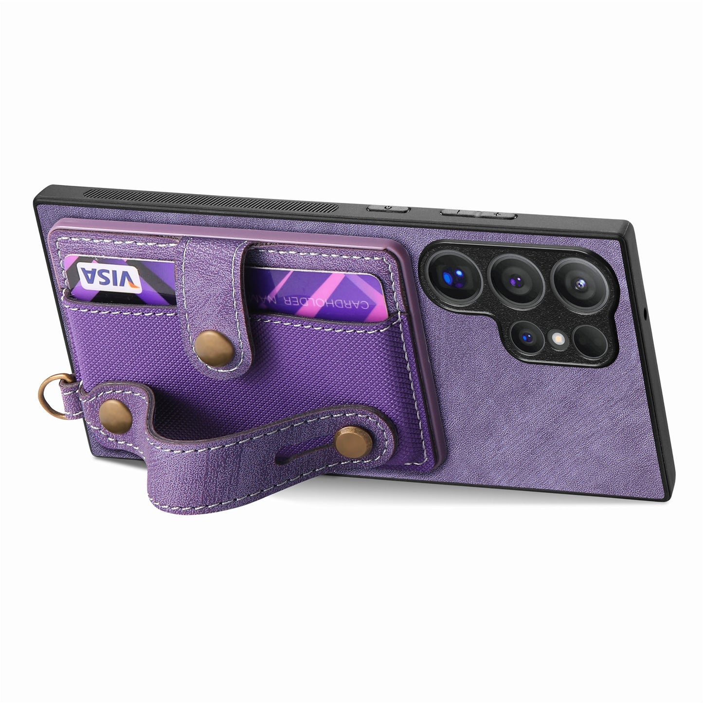 For Samsung Galaxy S24 Ultra Back Case Wristband Kickstand Leather Cover with Card Slot - Purple