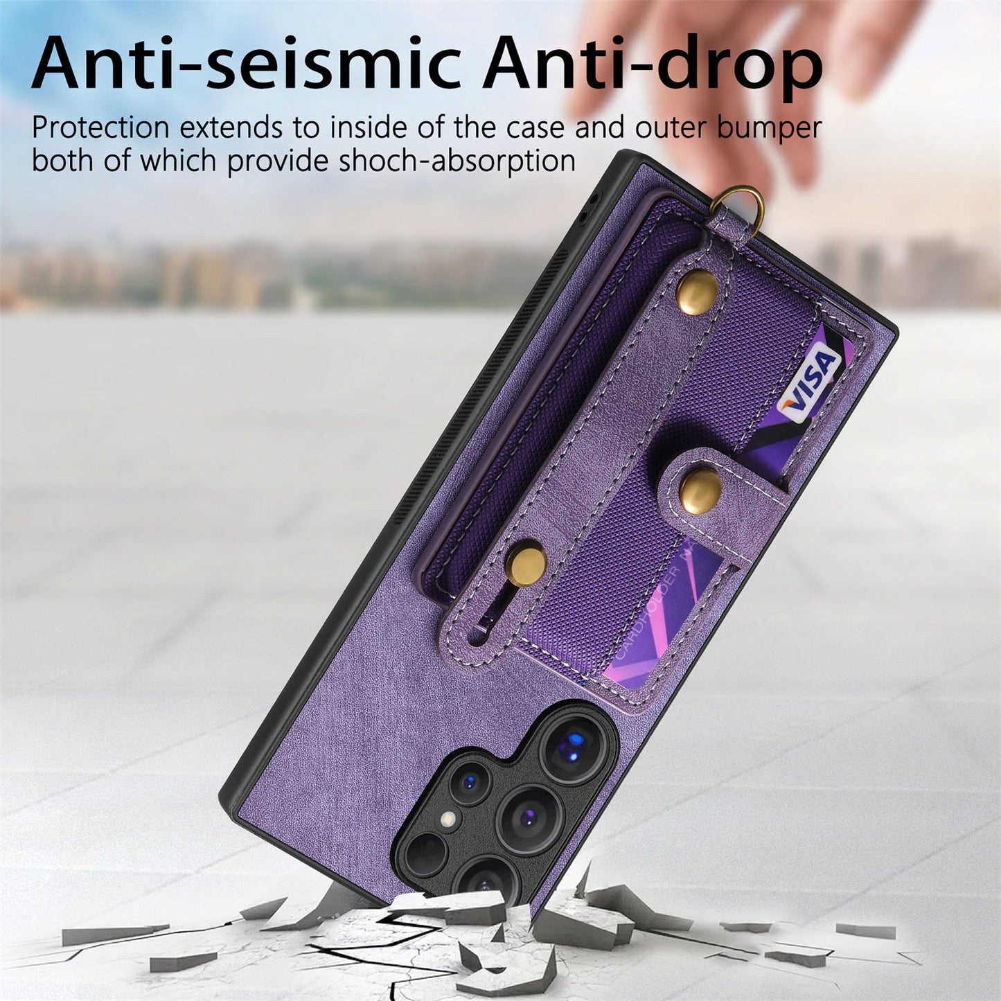 For Samsung Galaxy S24 Ultra Back Case Wristband Kickstand Leather Cover with Card Slot - Purple