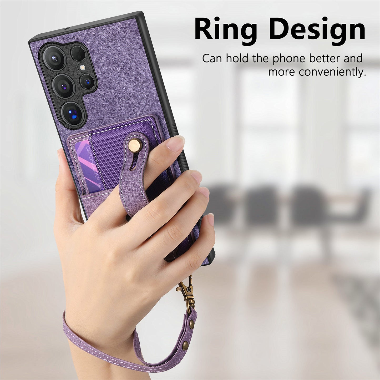 For Samsung Galaxy S24 Ultra Back Case Wristband Kickstand Leather Cover with Card Slot - Purple