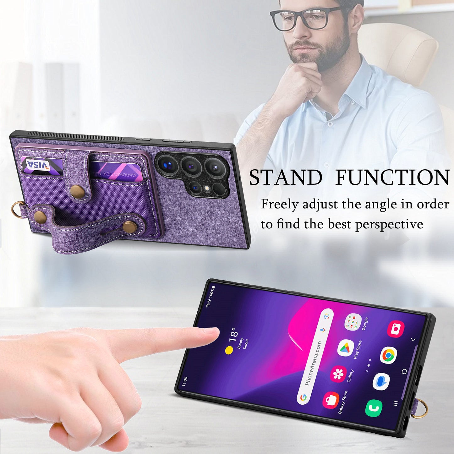 For Samsung Galaxy S24 Ultra Back Case Wristband Kickstand Leather Cover with Card Slot - Purple