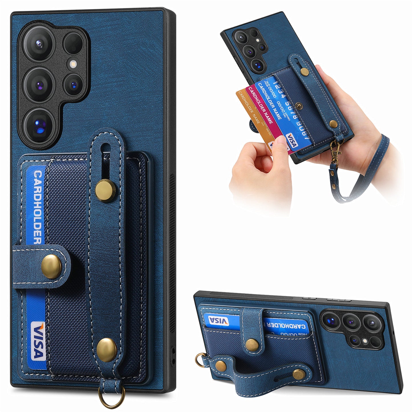 For Samsung Galaxy S24 Ultra Back Case Wristband Kickstand Leather Cover with Card Slot - Blue