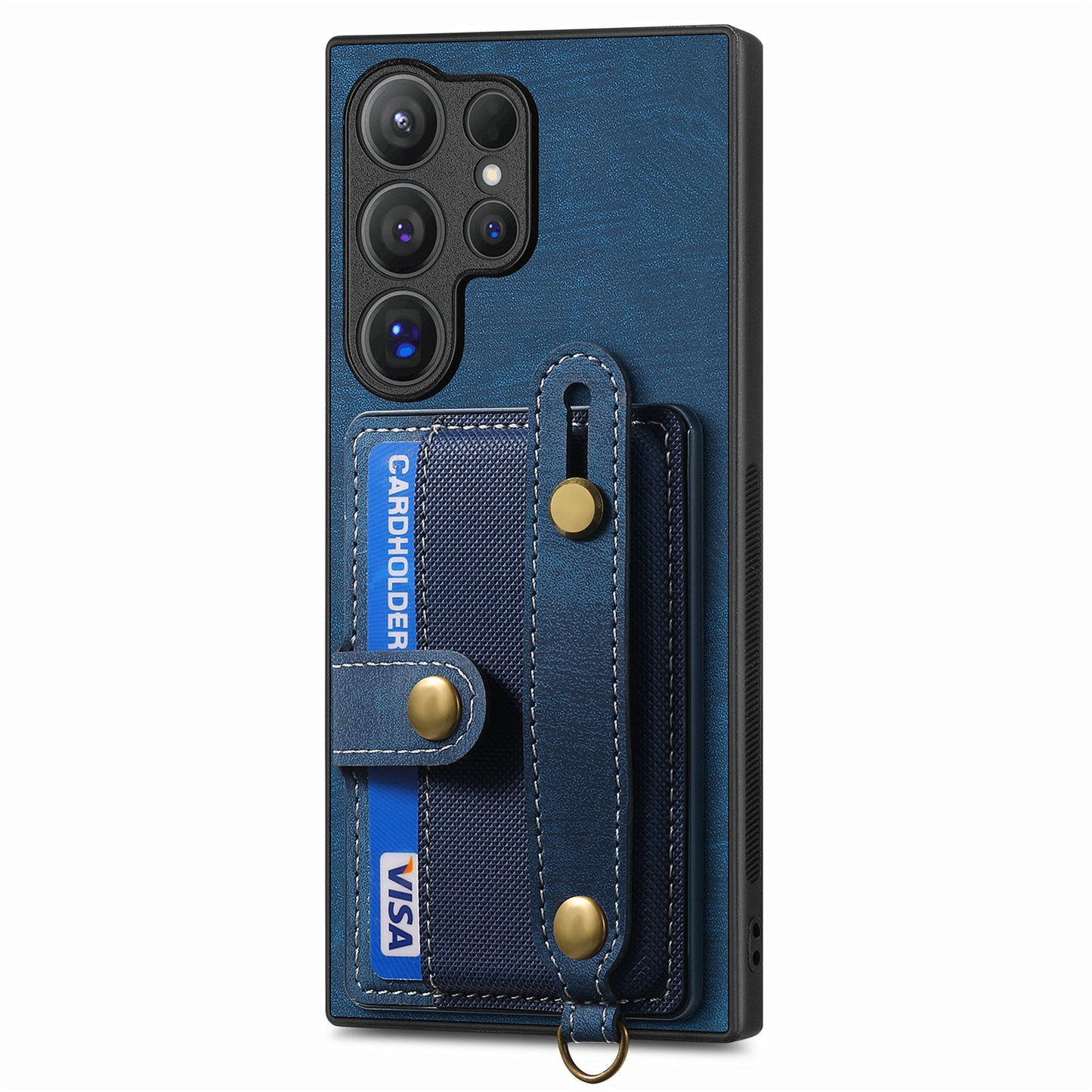 For Samsung Galaxy S24 Ultra Back Case Wristband Kickstand Leather Cover with Card Slot - Blue