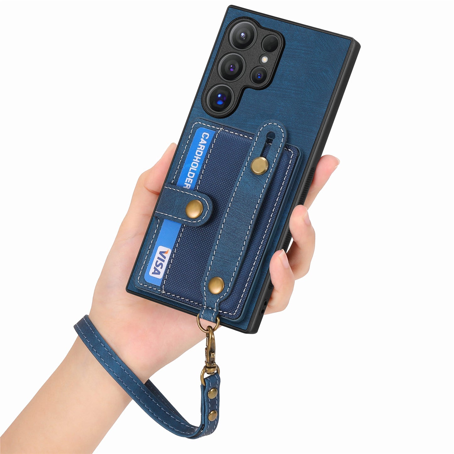 For Samsung Galaxy S24 Ultra Back Case Wristband Kickstand Leather Cover with Card Slot - Blue