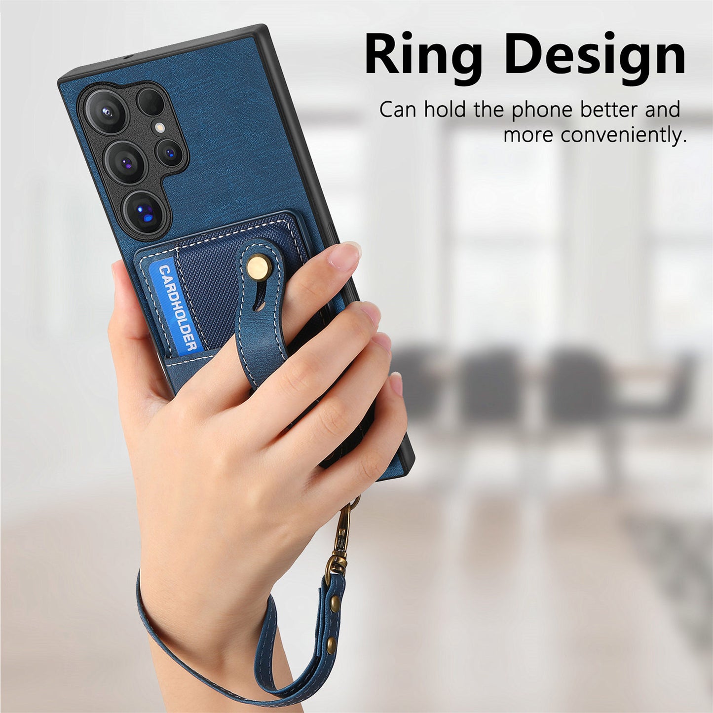 For Samsung Galaxy S24 Ultra Back Case Wristband Kickstand Leather Cover with Card Slot - Blue