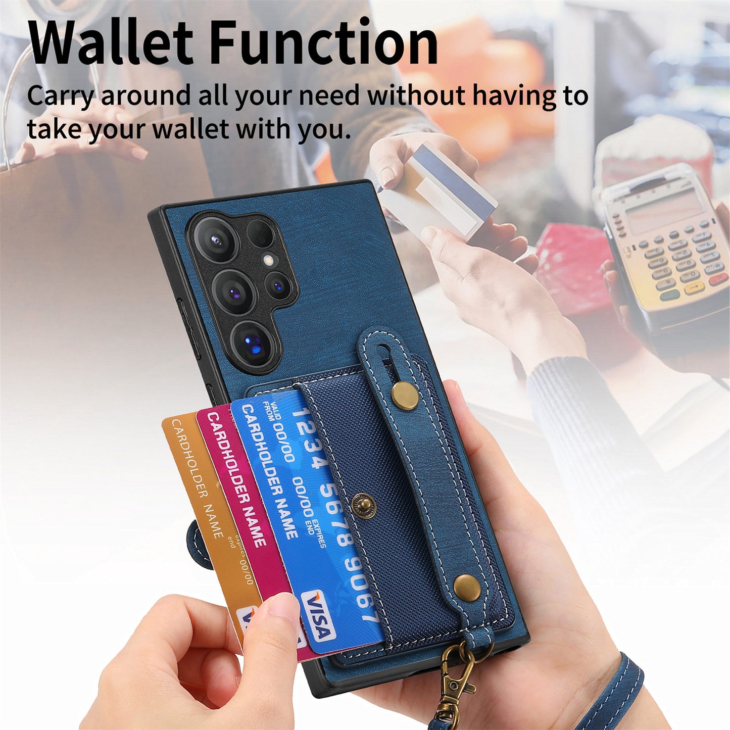 For Samsung Galaxy S24 Ultra Back Case Wristband Kickstand Leather Cover with Card Slot - Blue