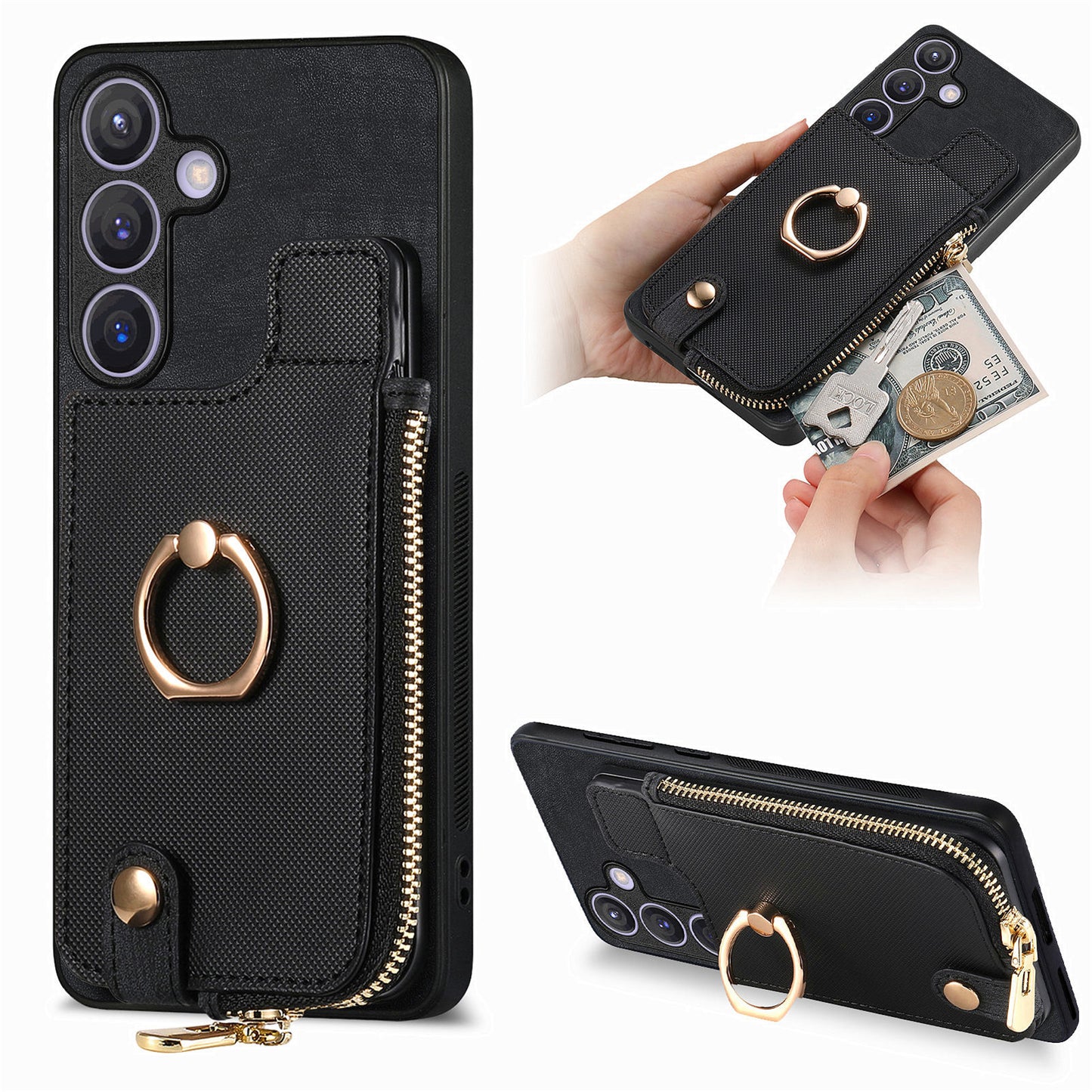 For Samsung Galaxy S24+ Case with Zipper Card Holder Leather Back Cover Kickstand - Black