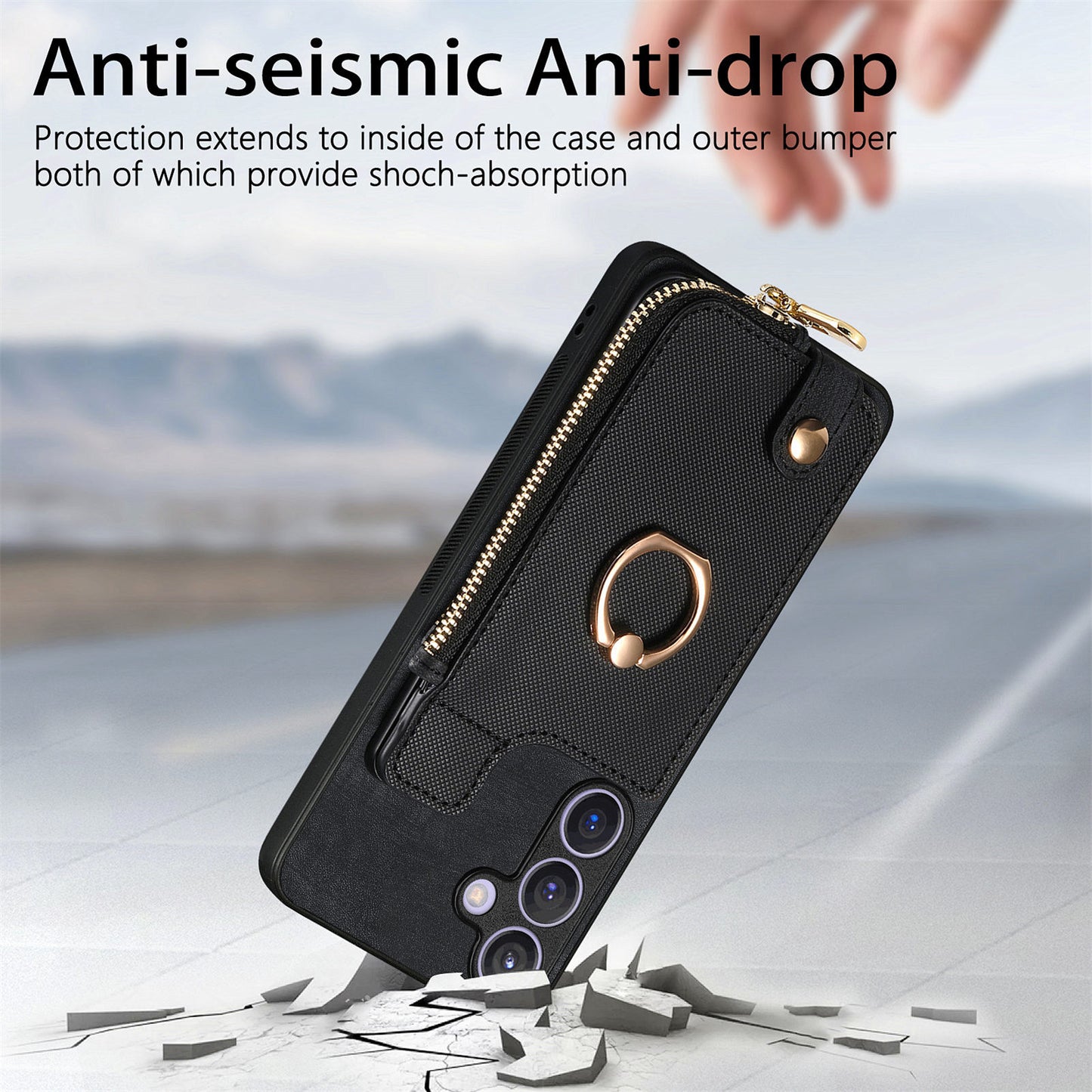 For Samsung Galaxy S24+ Case with Zipper Card Holder Leather Back Cover Kickstand - Black