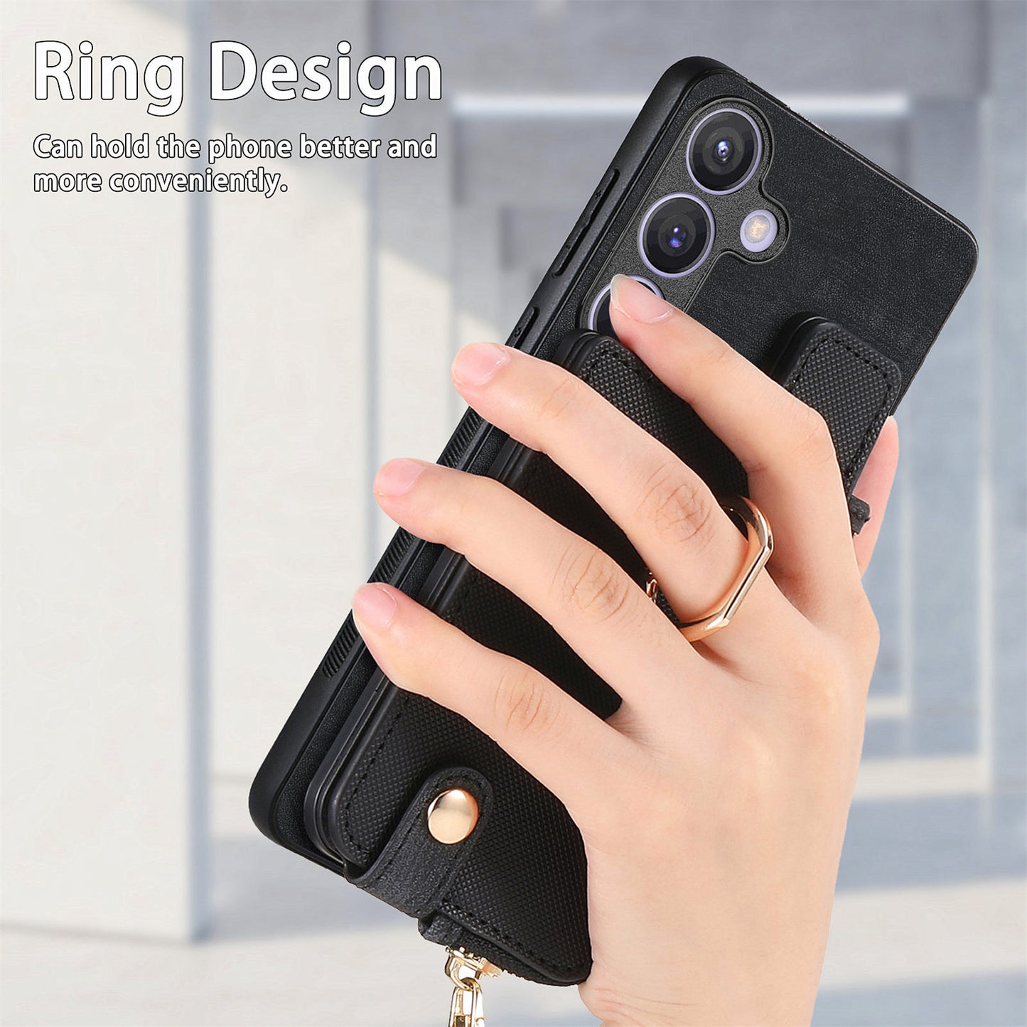 For Samsung Galaxy S24+ Case with Zipper Card Holder Leather Back Cover Kickstand - Black