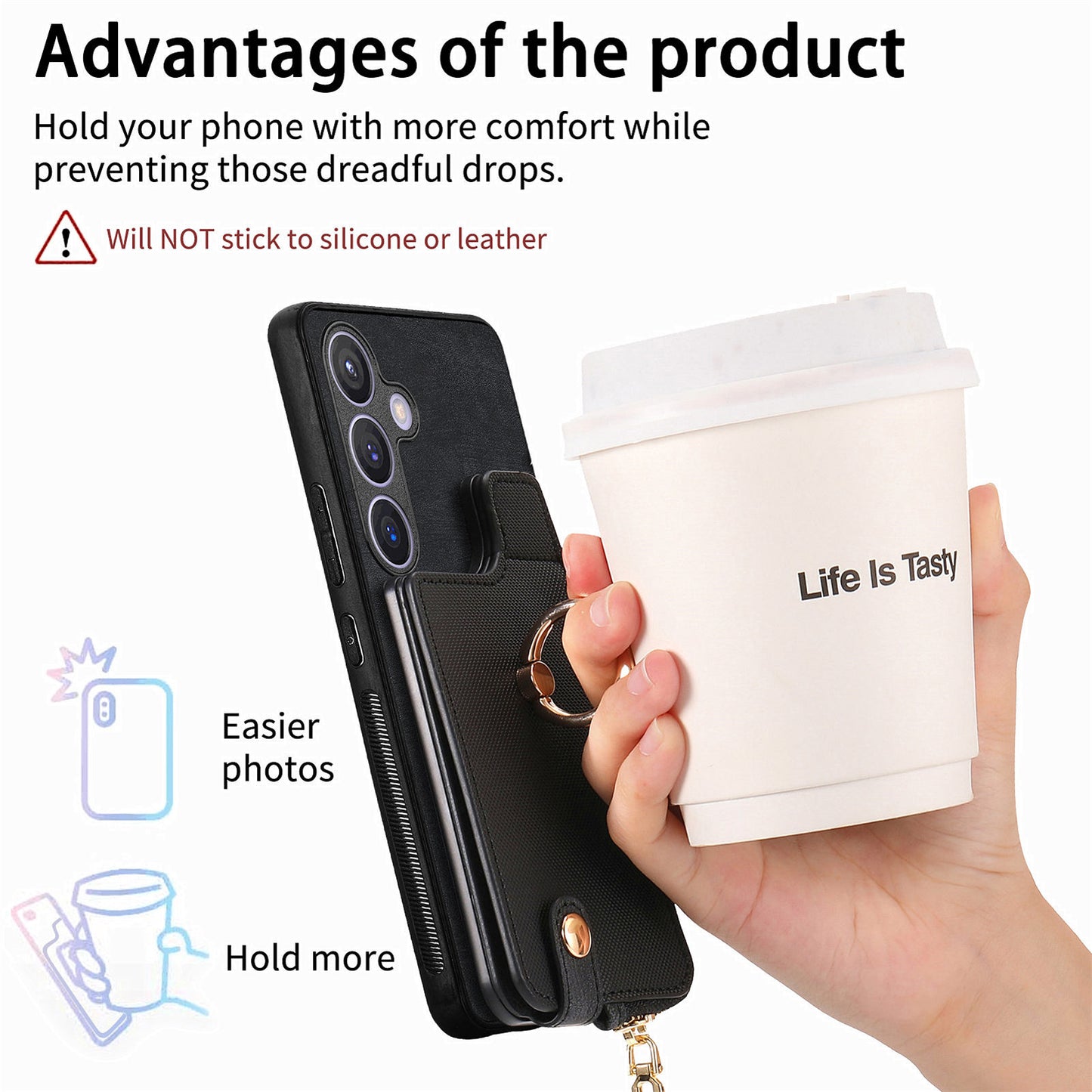 For Samsung Galaxy S24+ Case with Zipper Card Holder Leather Back Cover Kickstand - Black