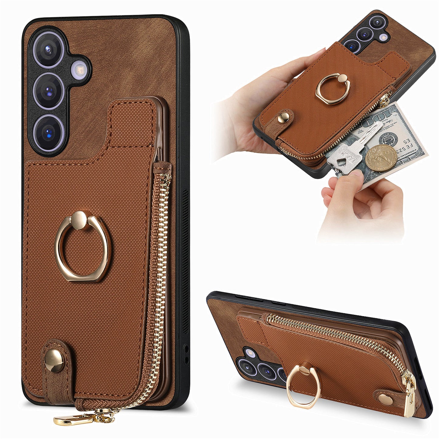 For Samsung Galaxy S24+ Case with Zipper Card Holder Leather Back Cover Kickstand - Brown