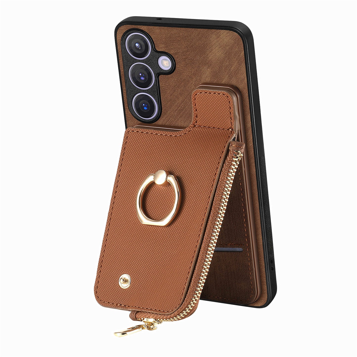 For Samsung Galaxy S24+ Case with Zipper Card Holder Leather Back Cover Kickstand - Brown
