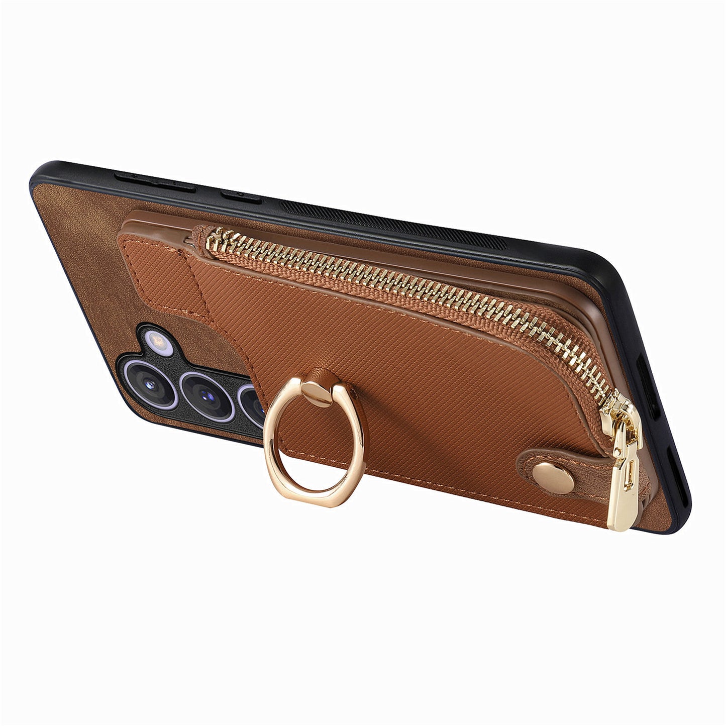 For Samsung Galaxy S24+ Case with Zipper Card Holder Leather Back Cover Kickstand - Brown