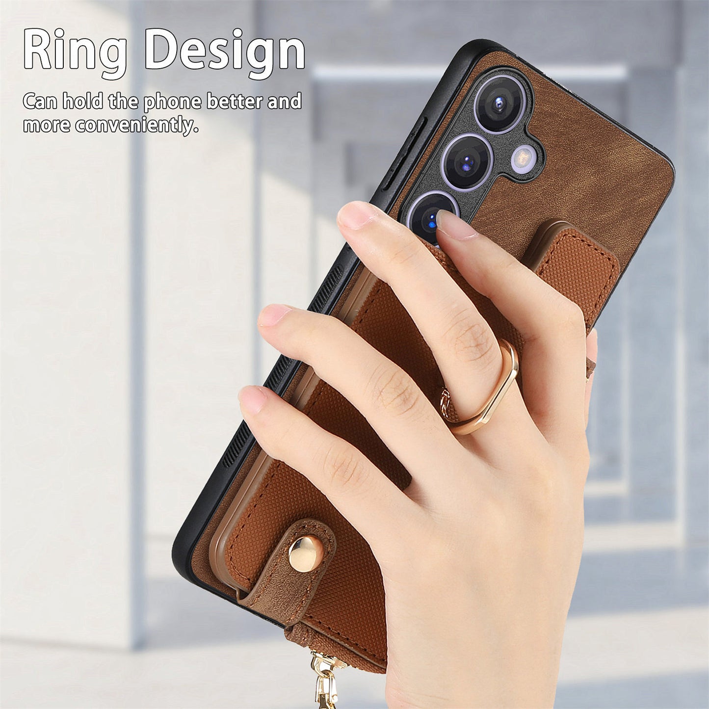 For Samsung Galaxy S24+ Case with Zipper Card Holder Leather Back Cover Kickstand - Brown