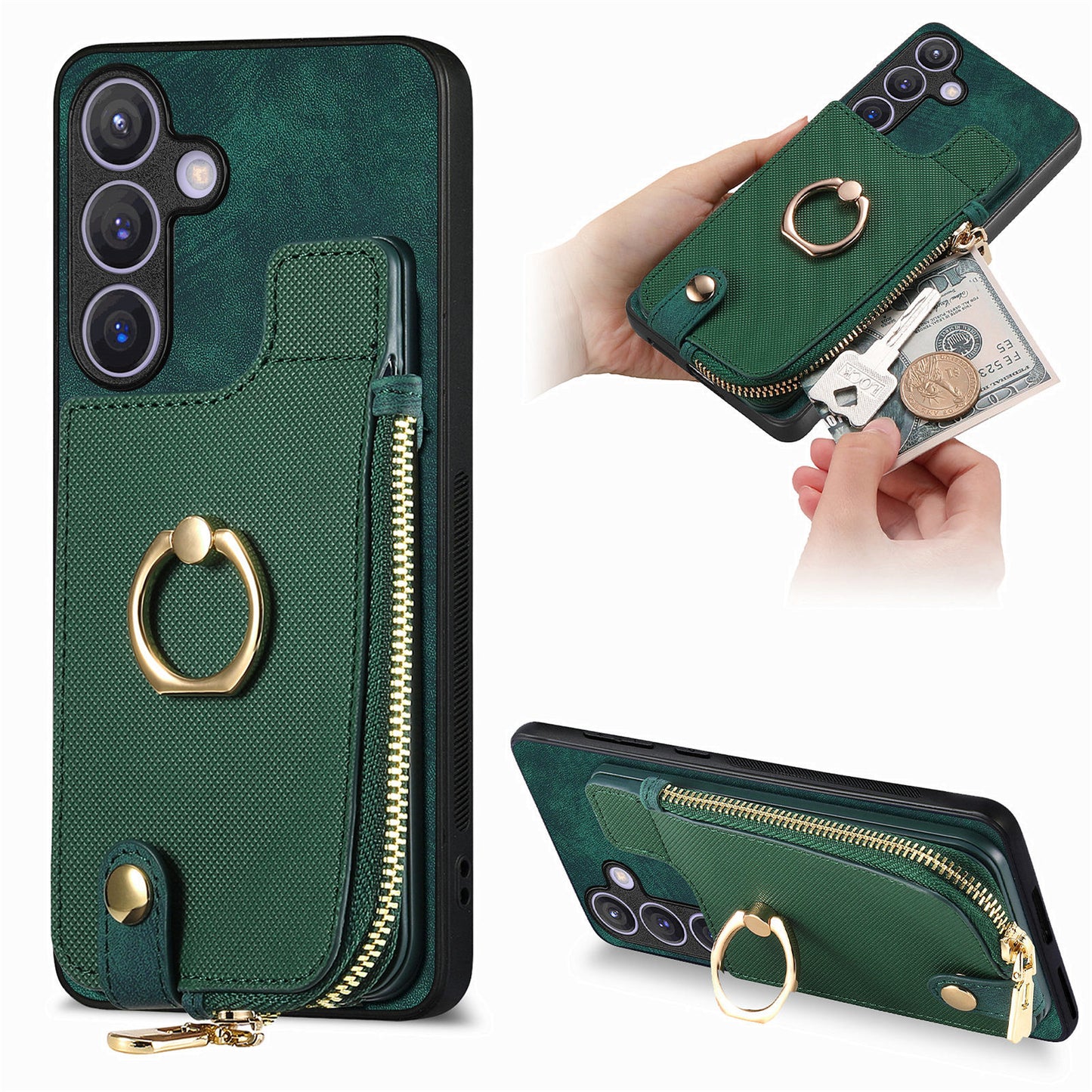 For Samsung Galaxy S24+ Case with Zipper Card Holder Leather Back Cover Kickstand - Green