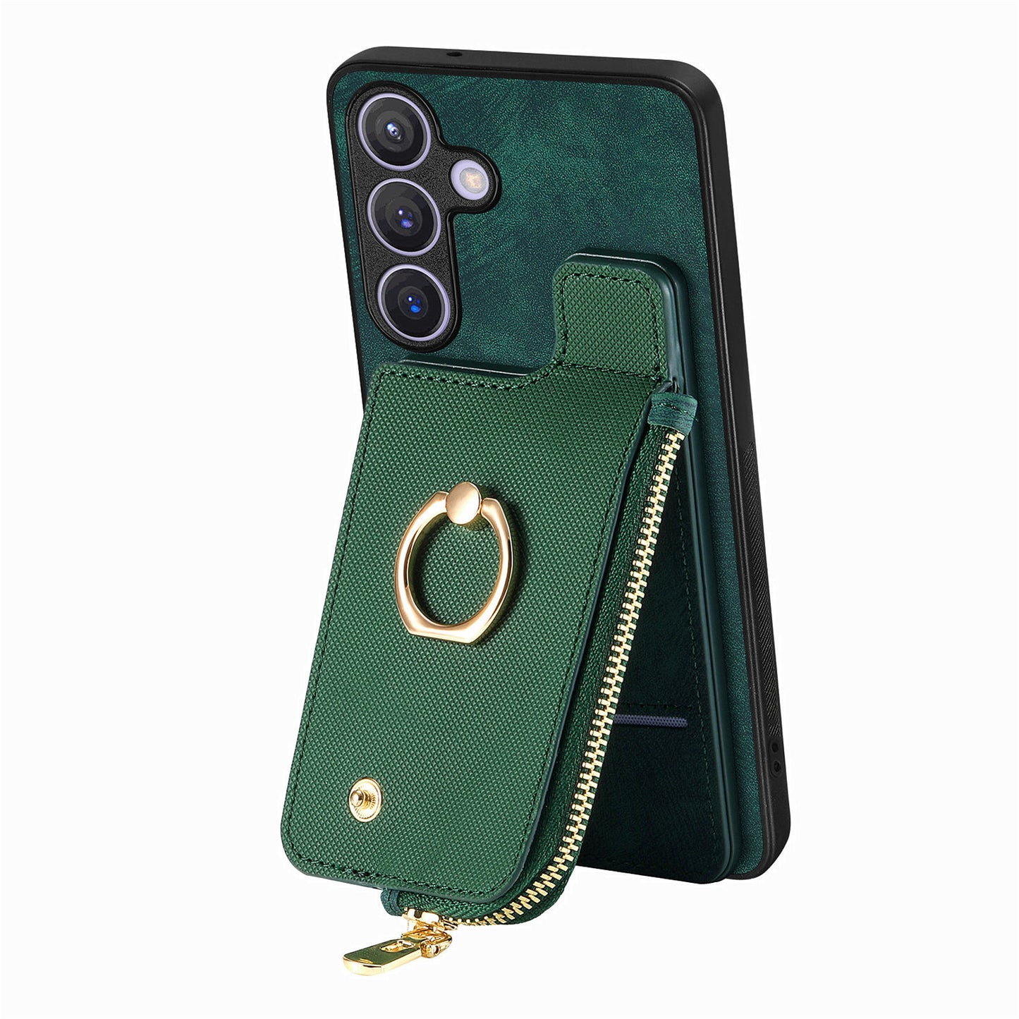 For Samsung Galaxy S24+ Case with Zipper Card Holder Leather Back Cover Kickstand - Green