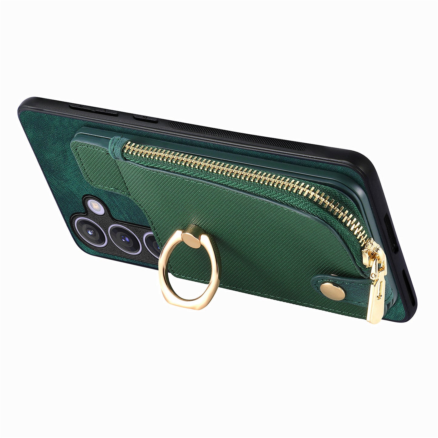 For Samsung Galaxy S24+ Case with Zipper Card Holder Leather Back Cover Kickstand - Green