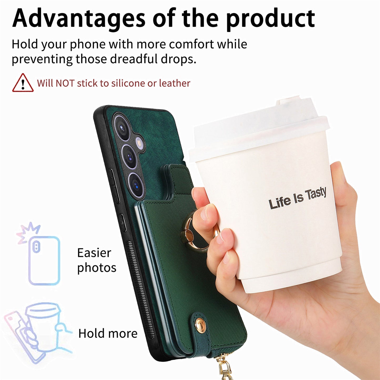 For Samsung Galaxy S24+ Case with Zipper Card Holder Leather Back Cover Kickstand - Green