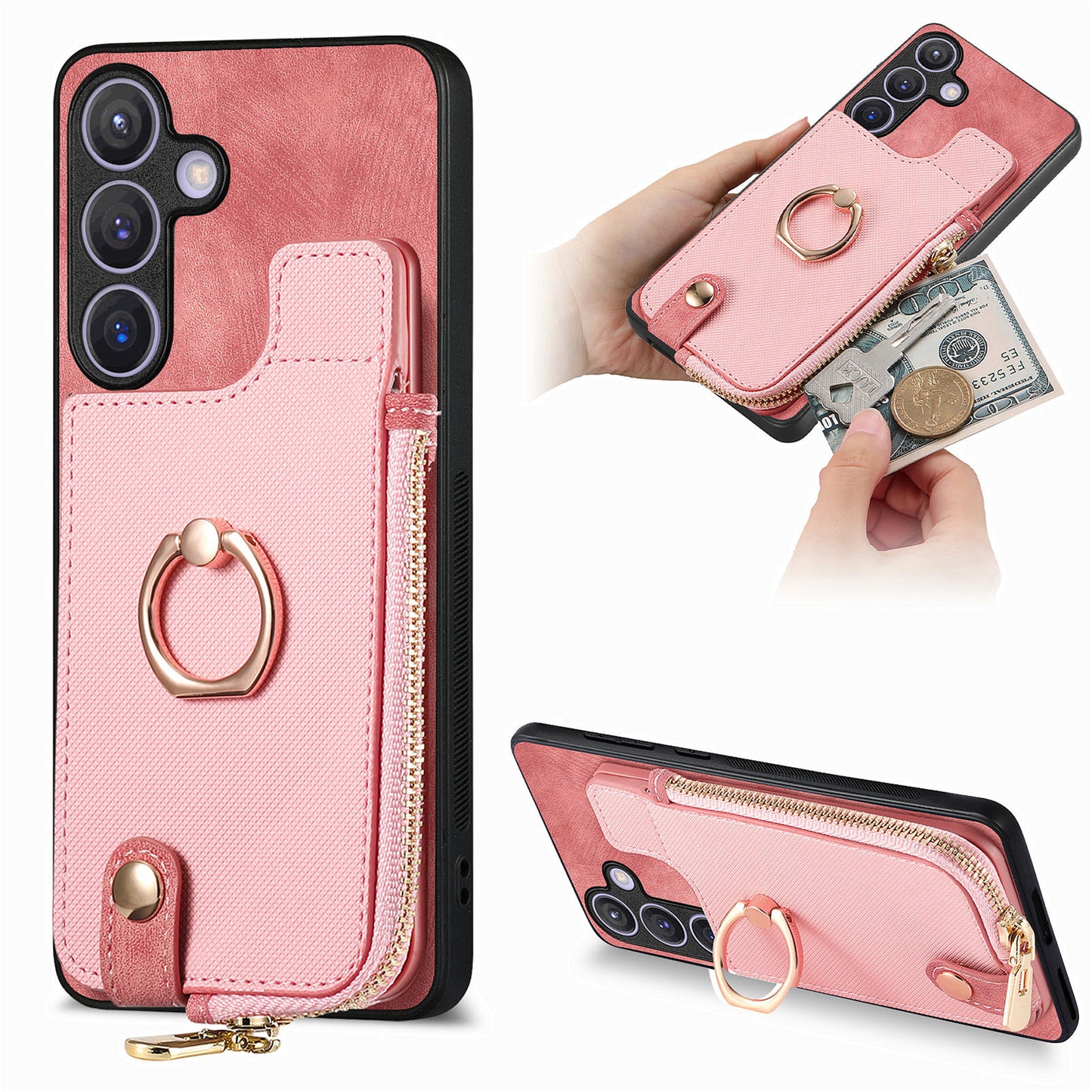 For Samsung Galaxy S24+ Case with Zipper Card Holder Leather Back Cover Kickstand - Pink