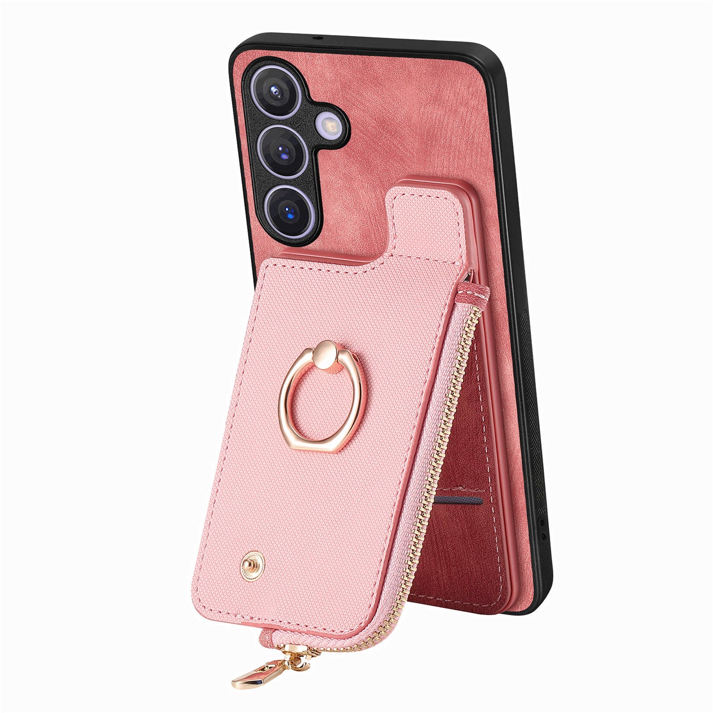For Samsung Galaxy S24+ Case with Zipper Card Holder Leather Back Cover Kickstand - Pink