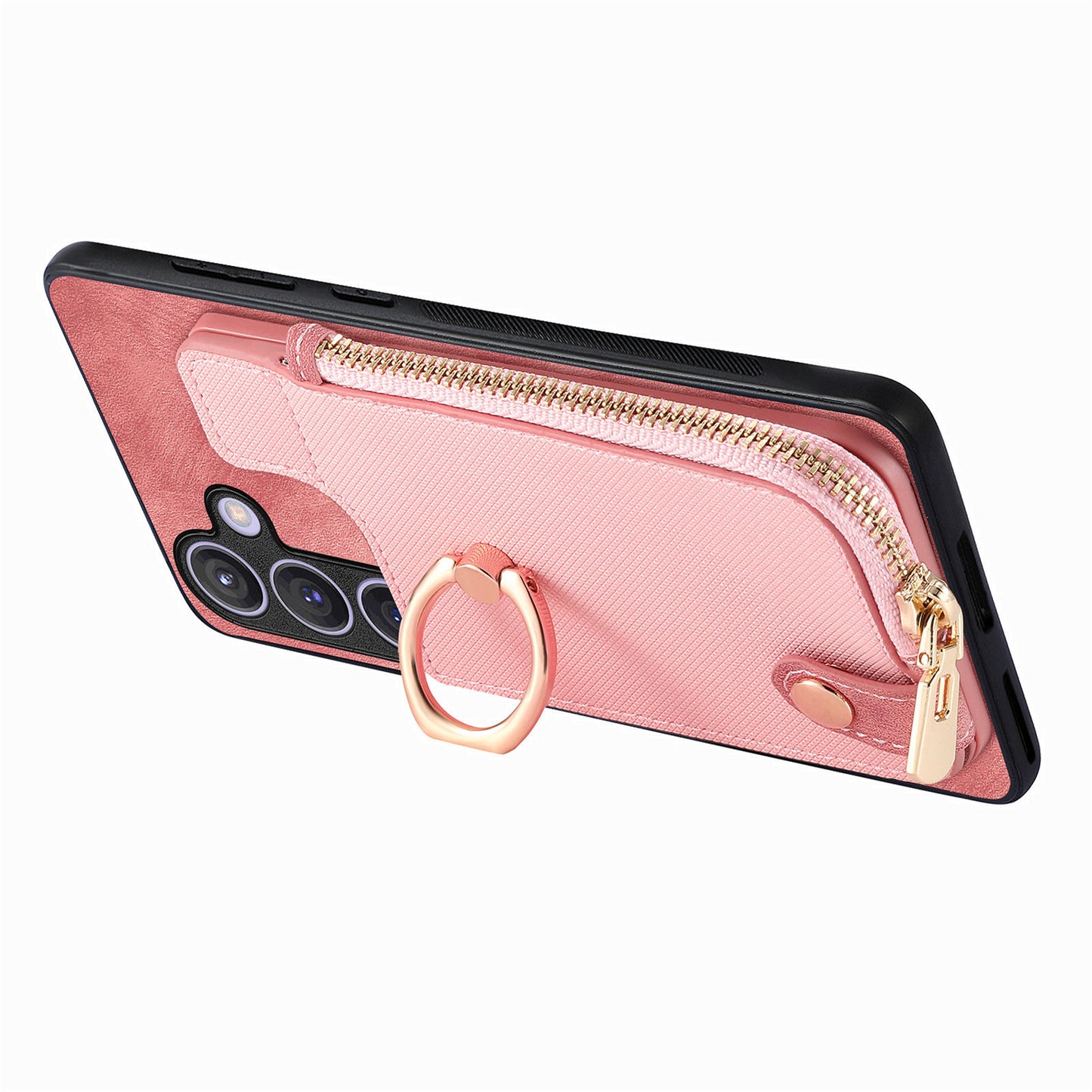 For Samsung Galaxy S24+ Case with Zipper Card Holder Leather Back Cover Kickstand - Pink