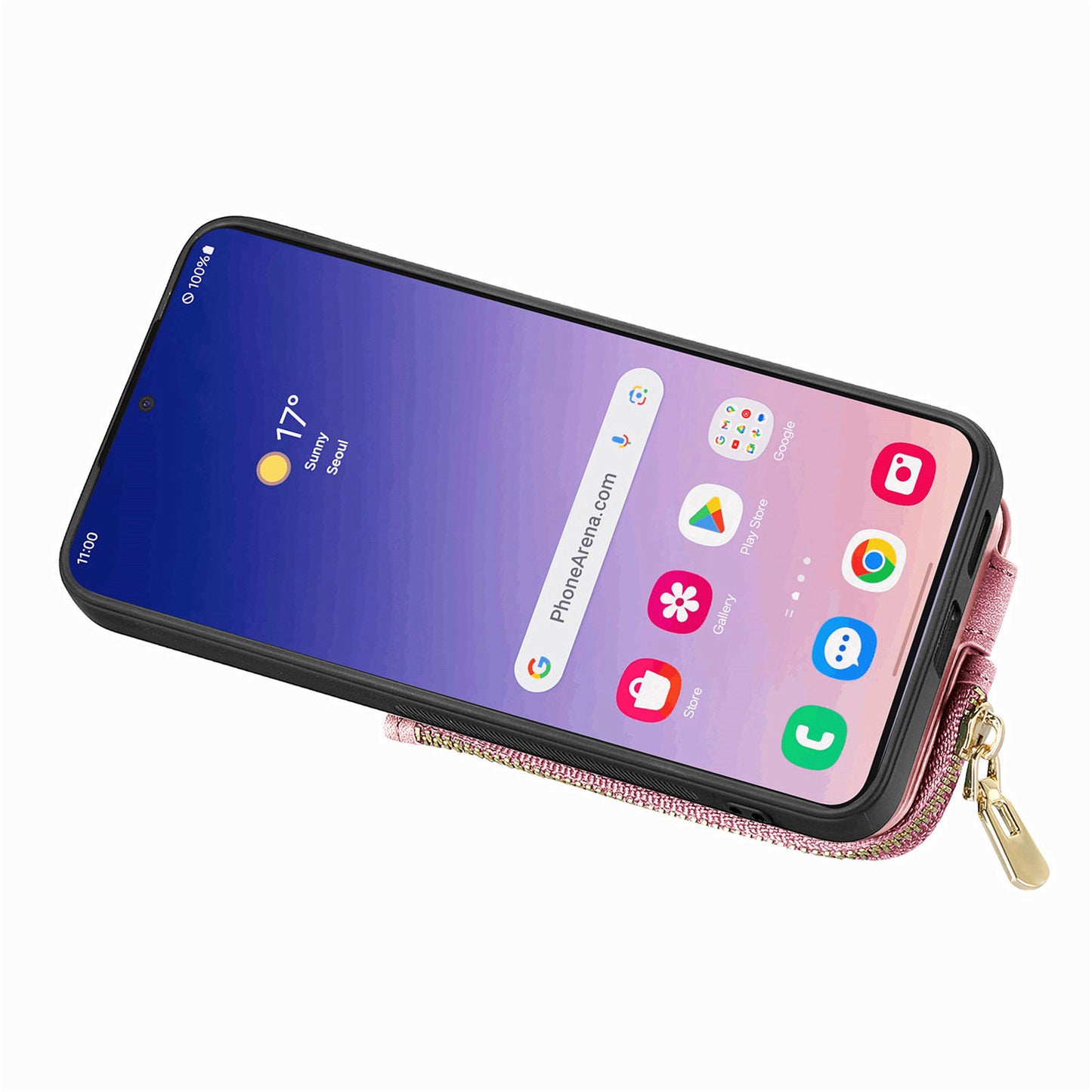 For Samsung Galaxy S24+ Case with Zipper Card Holder Leather Back Cover Kickstand - Pink