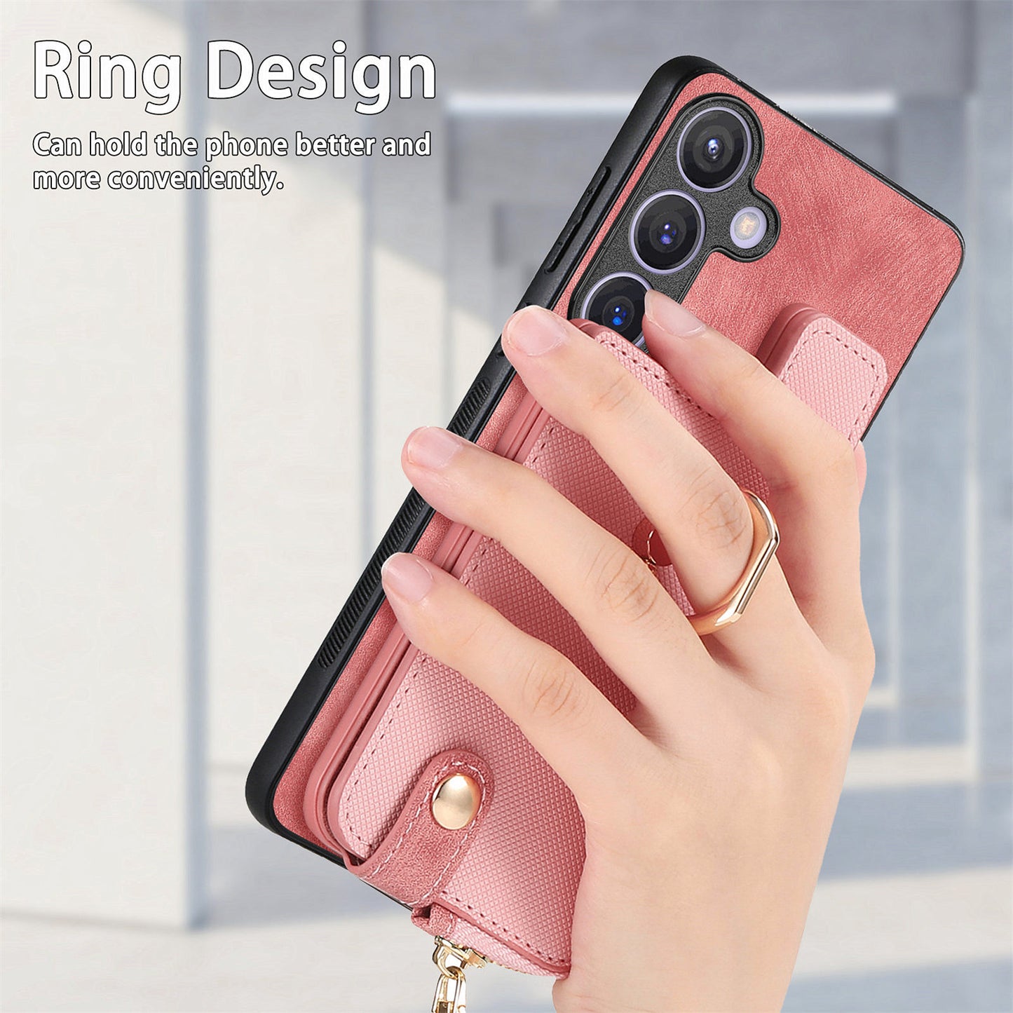 For Samsung Galaxy S24+ Case with Zipper Card Holder Leather Back Cover Kickstand - Pink