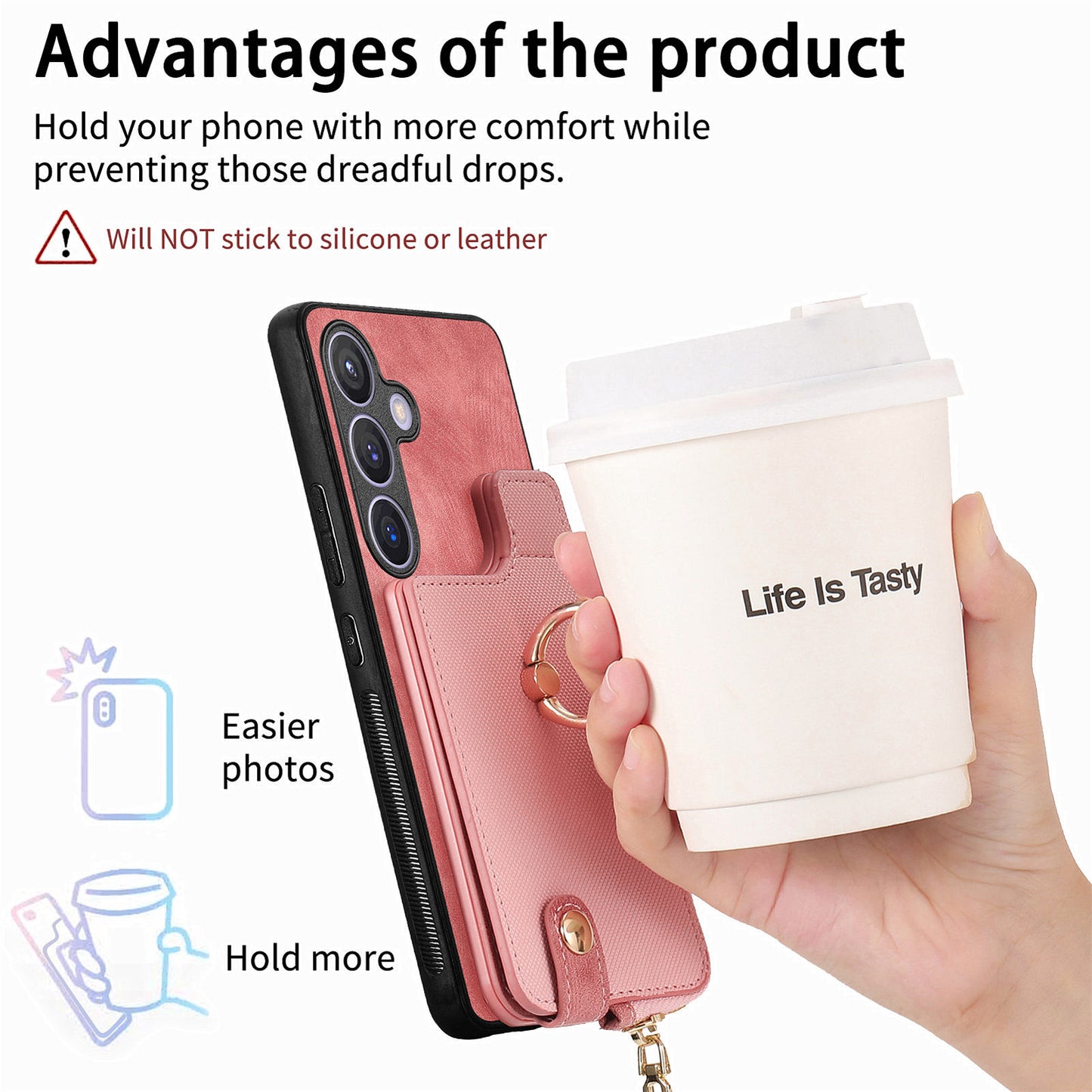 For Samsung Galaxy S24+ Case with Zipper Card Holder Leather Back Cover Kickstand - Pink