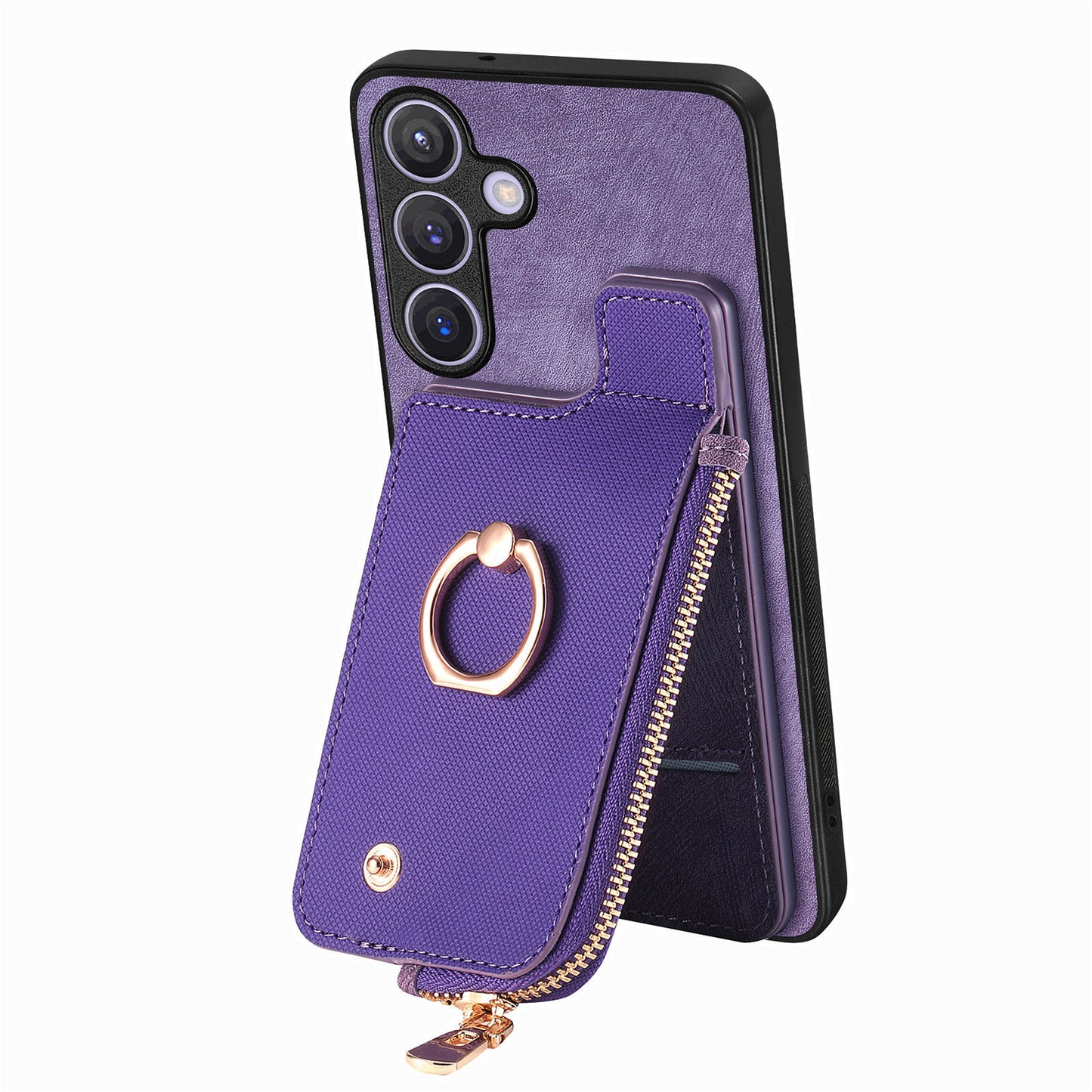For Samsung Galaxy S24+ Case with Zipper Card Holder Leather Back Cover Kickstand - Purple
