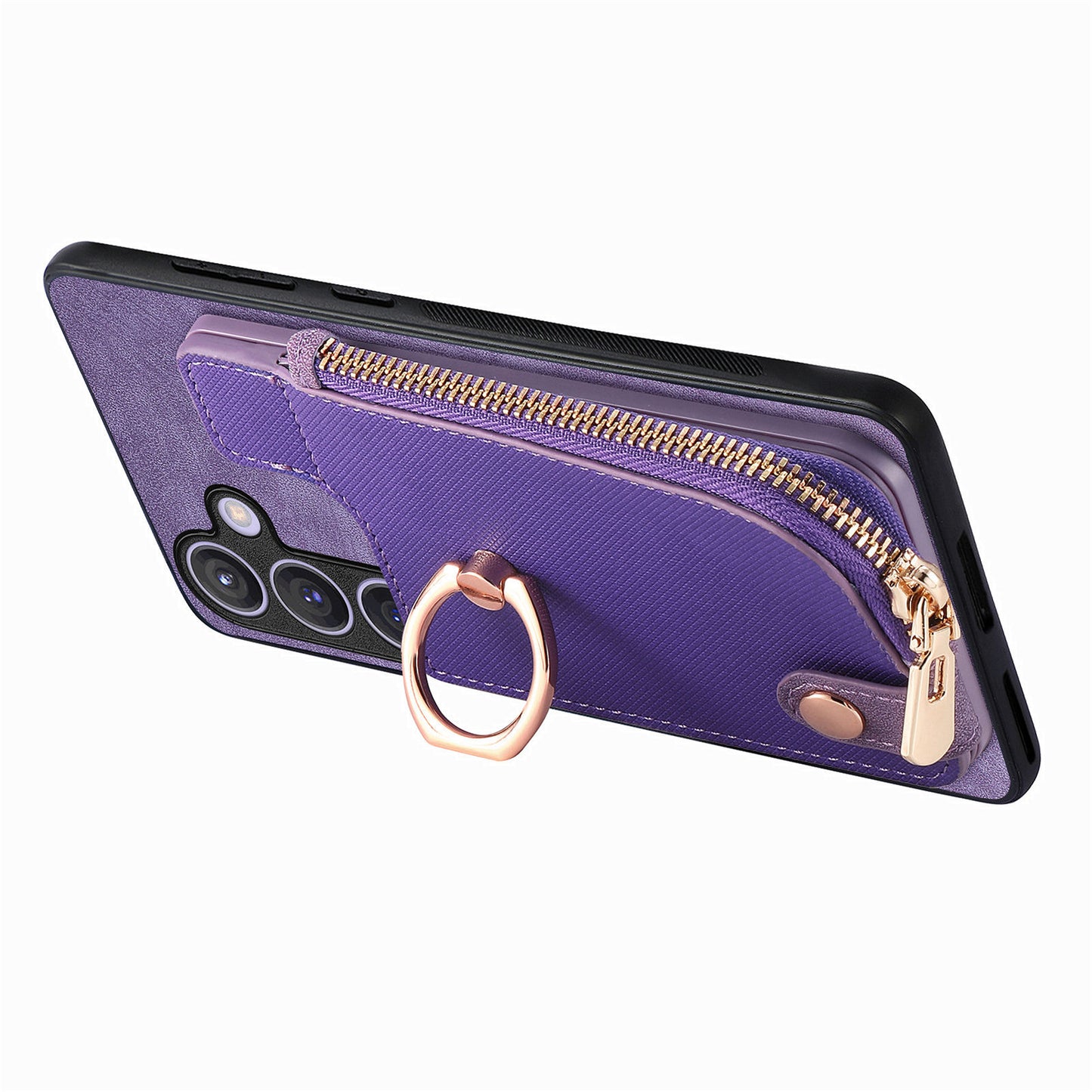 For Samsung Galaxy S24+ Case with Zipper Card Holder Leather Back Cover Kickstand - Purple