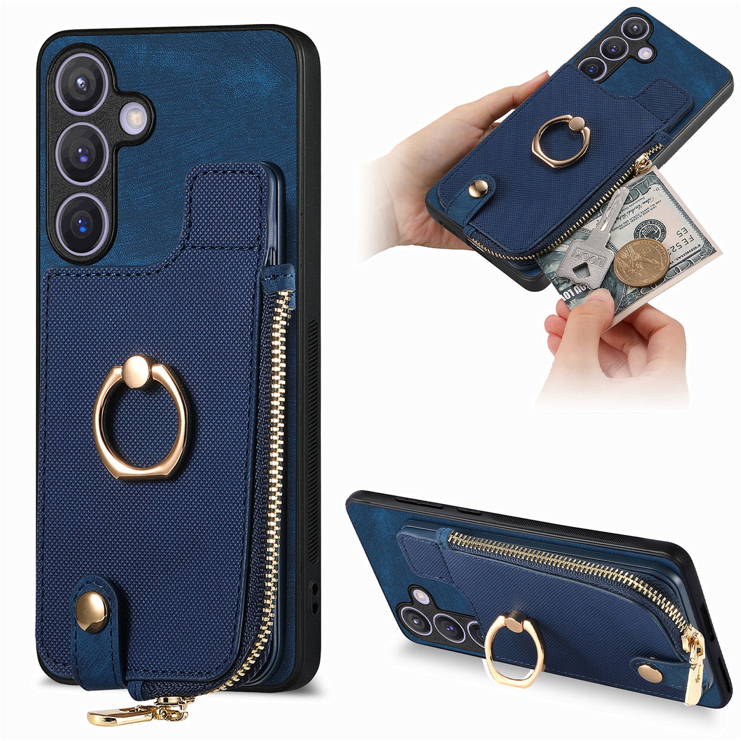For Samsung Galaxy S24+ Case with Zipper Card Holder Leather Back Cover Kickstand - Blue