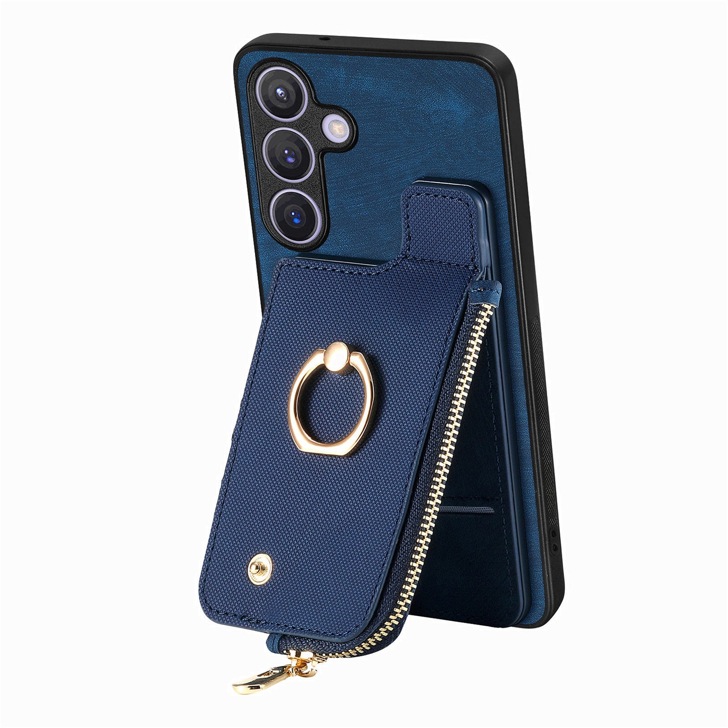 For Samsung Galaxy S24+ Case with Zipper Card Holder Leather Back Cover Kickstand - Blue