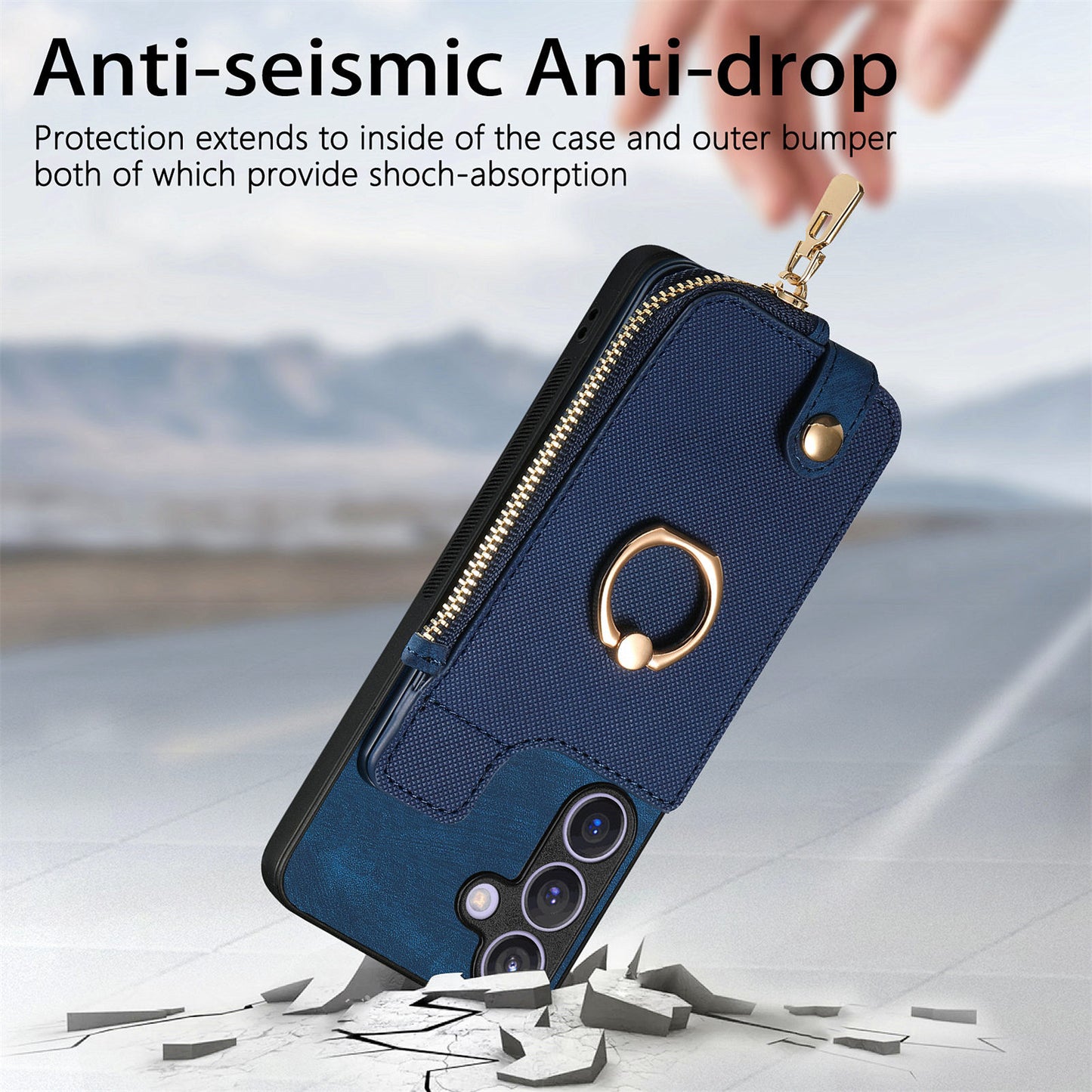 For Samsung Galaxy S24+ Case with Zipper Card Holder Leather Back Cover Kickstand - Blue