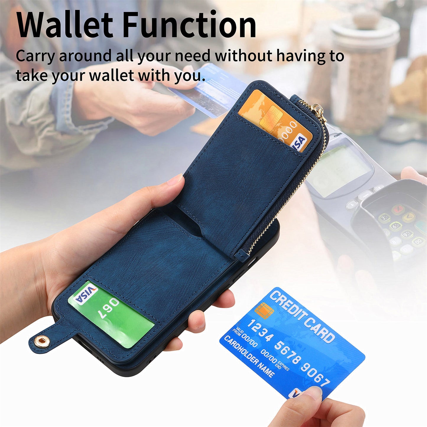 For Samsung Galaxy S24+ Case with Zipper Card Holder Leather Back Cover Kickstand - Blue