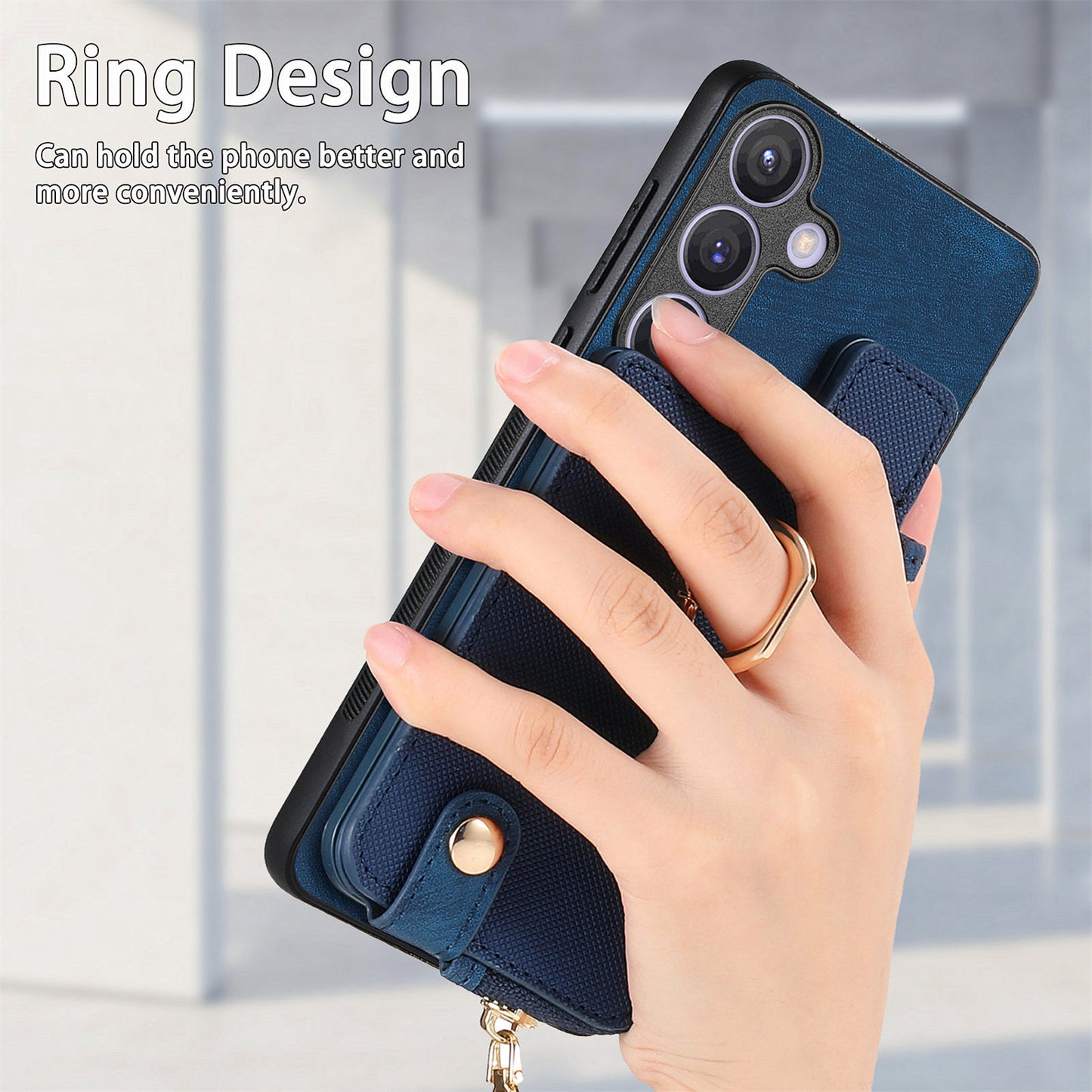 For Samsung Galaxy S24+ Case with Zipper Card Holder Leather Back Cover Kickstand - Blue