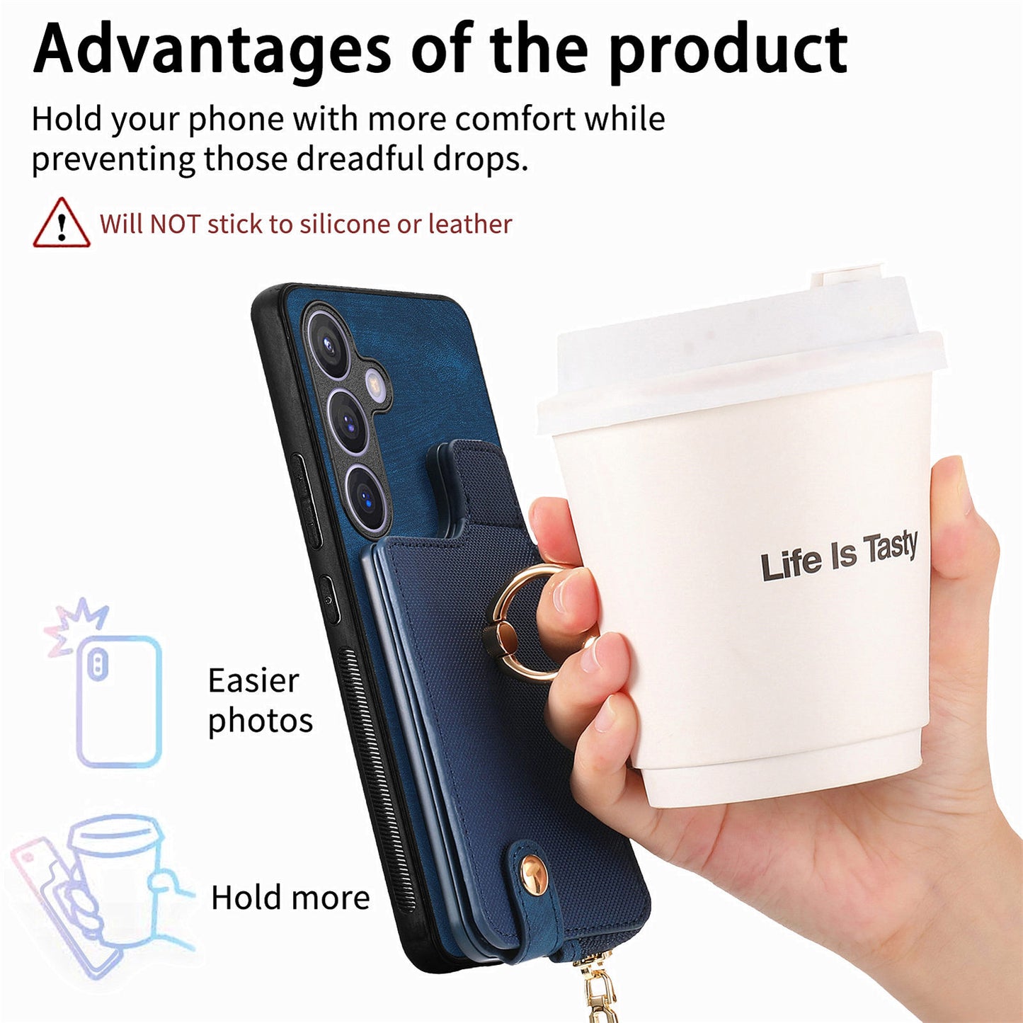 For Samsung Galaxy S24+ Case with Zipper Card Holder Leather Back Cover Kickstand - Blue