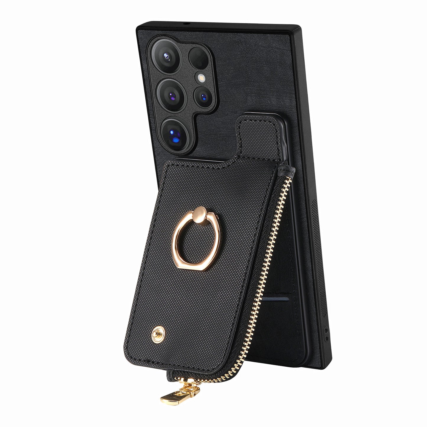 For Samsung Galaxy S24 Ultra Leather Back Case with Vertical Card Holder Ring Kickstand Black - Black