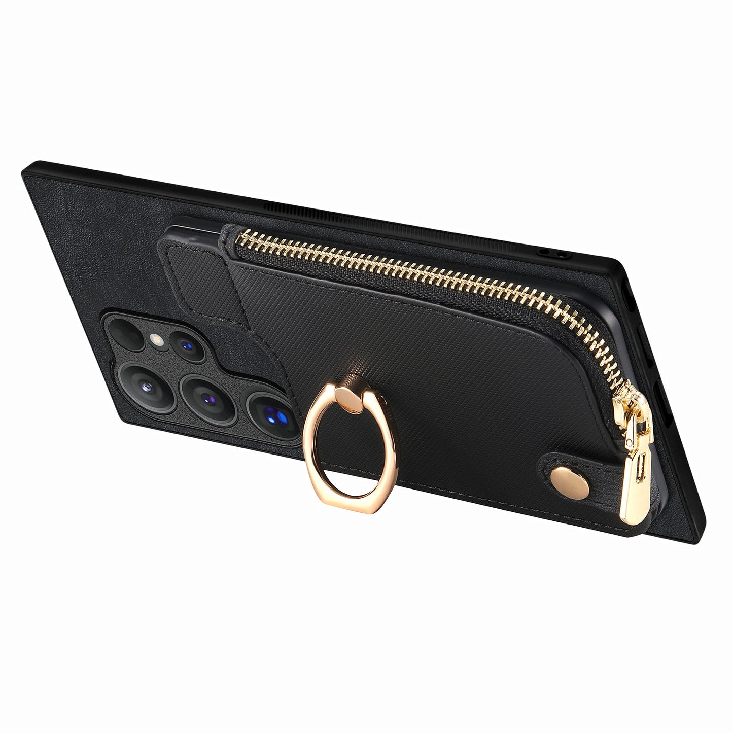 For Samsung Galaxy S24 Ultra Leather Back Case with Vertical Card Holder Ring Kickstand Black - Black