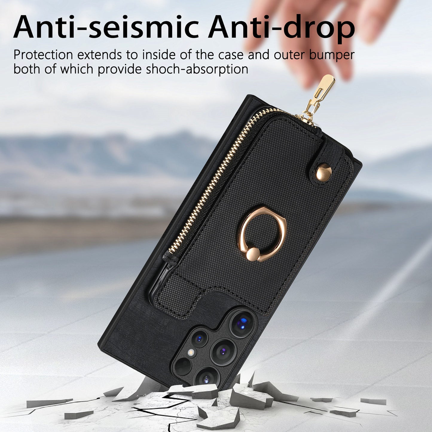 For Samsung Galaxy S24 Ultra Leather Back Case with Vertical Card Holder Ring Kickstand Black - Black