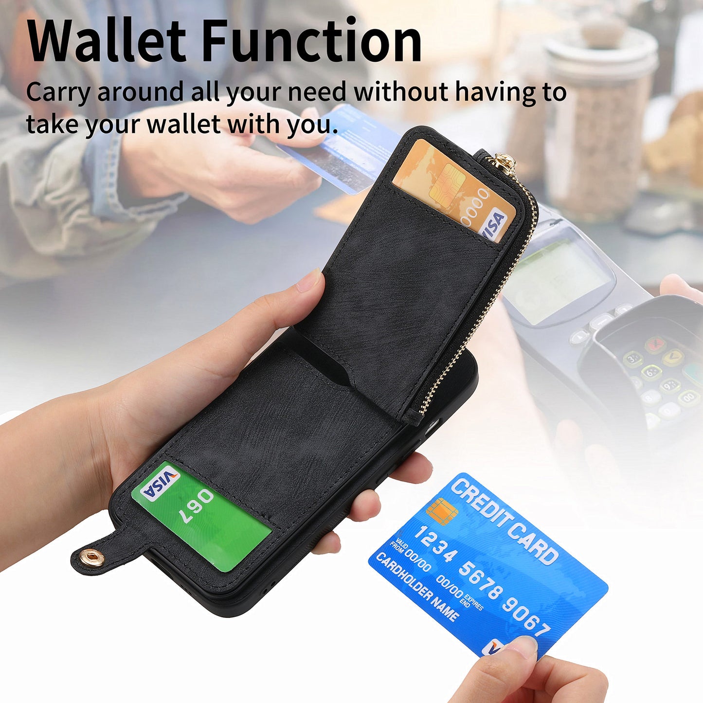 For Samsung Galaxy S24 Ultra Leather Back Case with Vertical Card Holder Ring Kickstand Black - Black