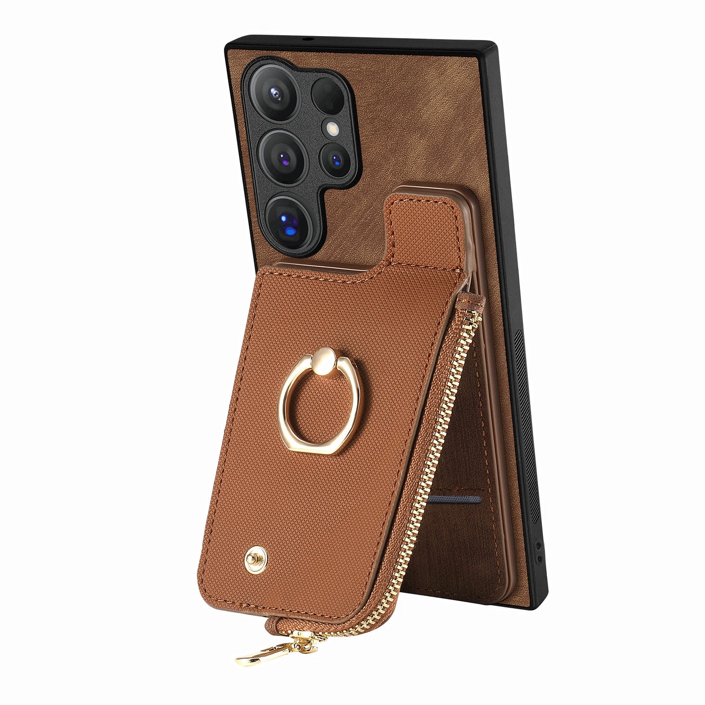 For Samsung Galaxy S24 Ultra Leather Back Case with Vertical Card Holder Ring Kickstand Black - Brown